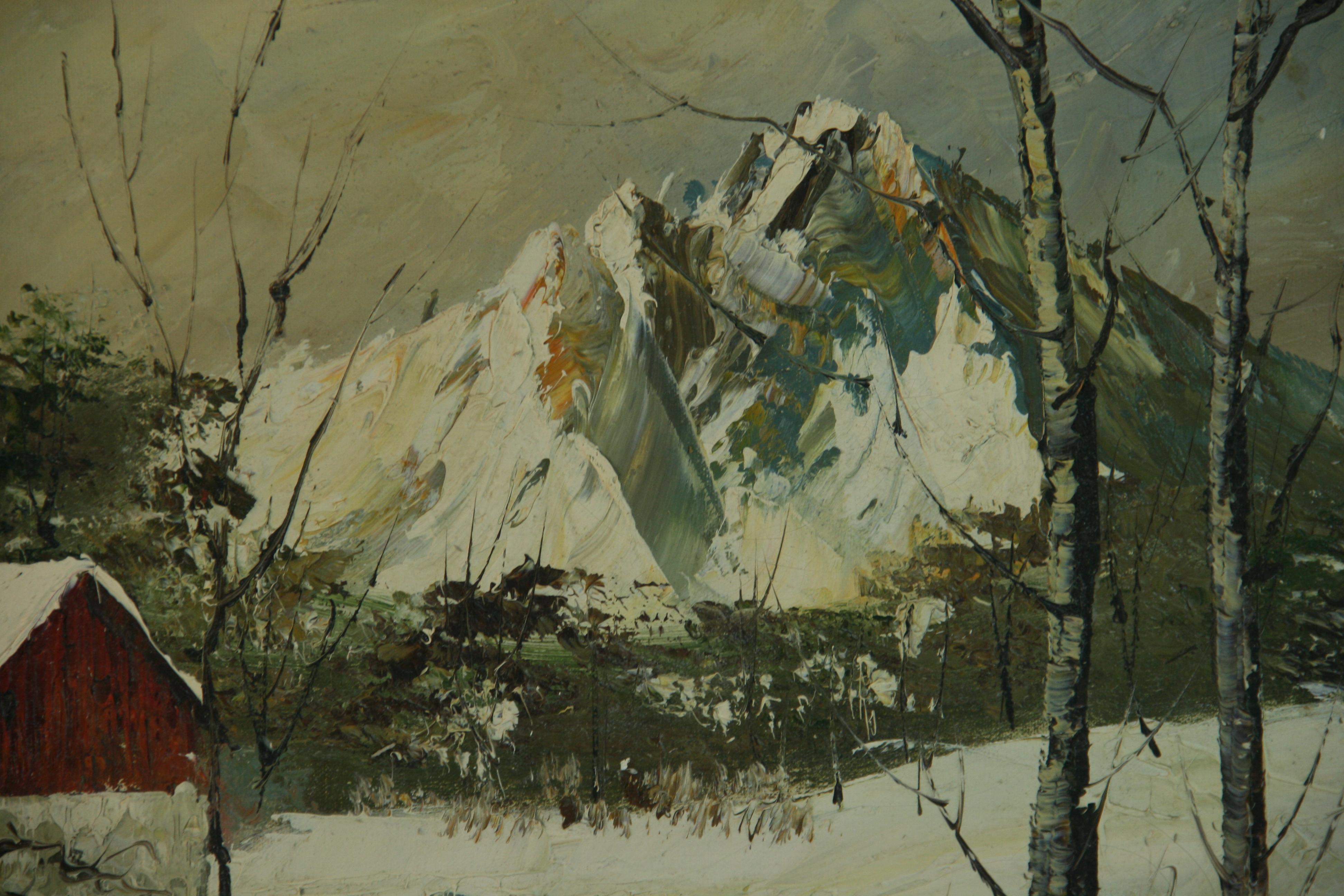 Vintage oil painting The  Grist Mill Winter Landscape For Sale 1