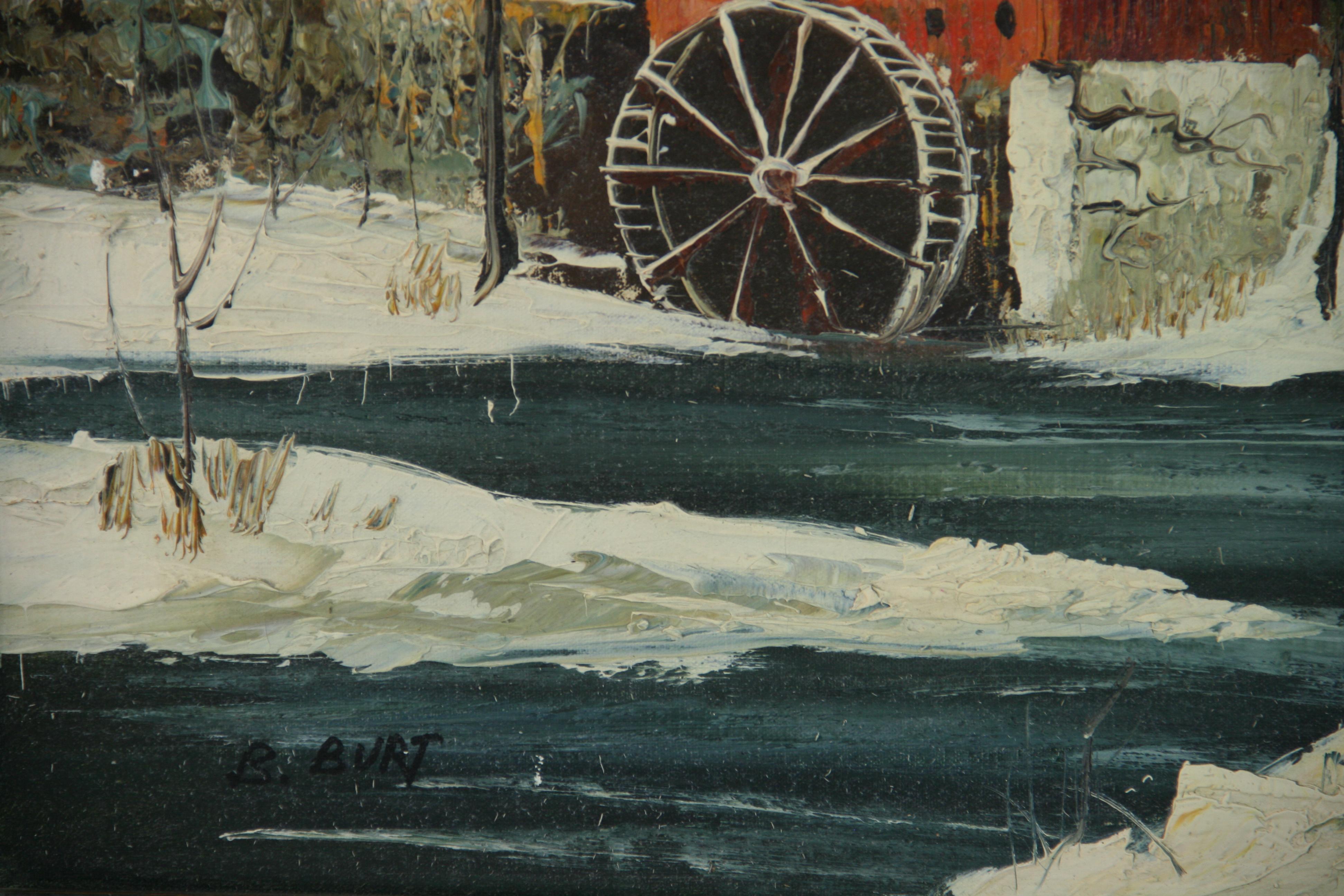 Vintage oil painting The  Grist Mill Winter Landscape For Sale 3