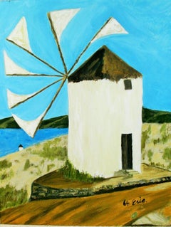 Peinture à l'huile vintage Moulin à vent sur Mykonos Paysage  1964
