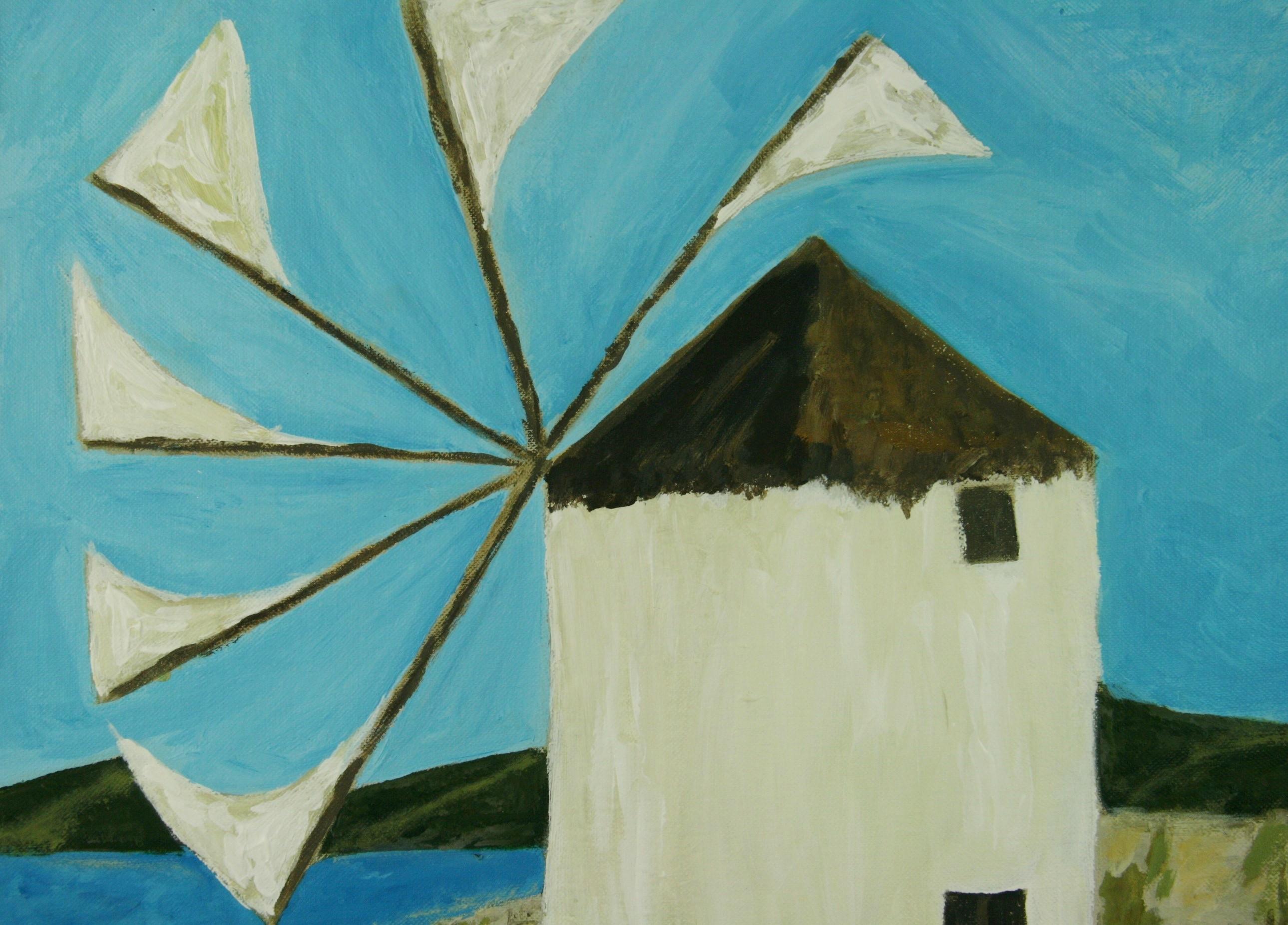 Vintage Oil Painting Windmill on Mykonos Landscape  1964 For Sale 1