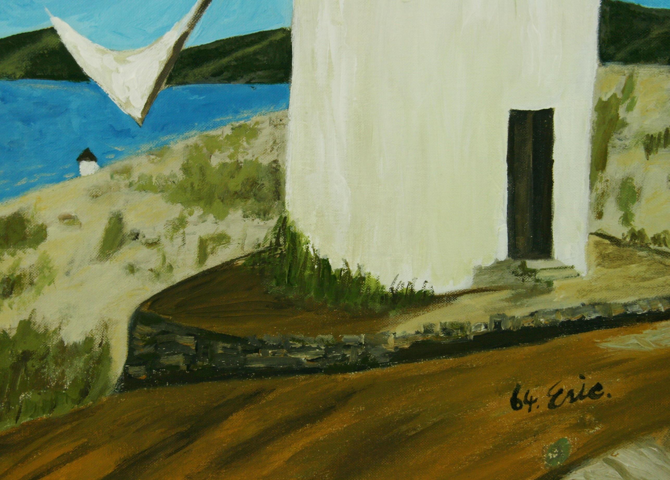 Vintage Oil Painting Windmill on Mykonos Landscape  1964 For Sale 2