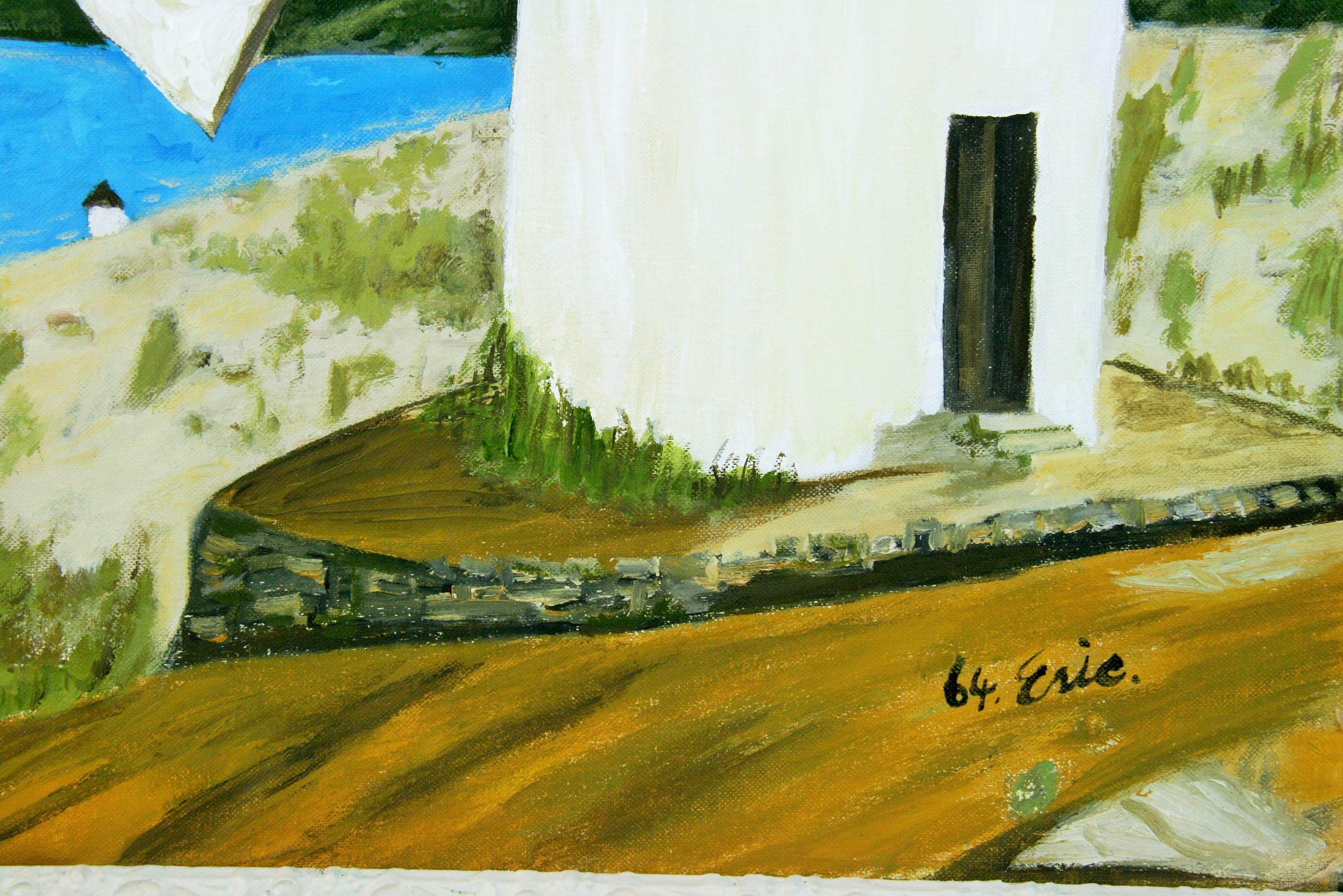 Vintage Oil Painting Windmill on Mykonos Landscape  1964 For Sale 4