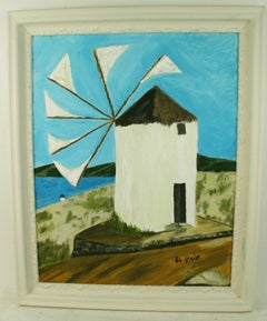 Peinture à l'huile vintage Moulin à vent sur Mykonos Paysage  1964