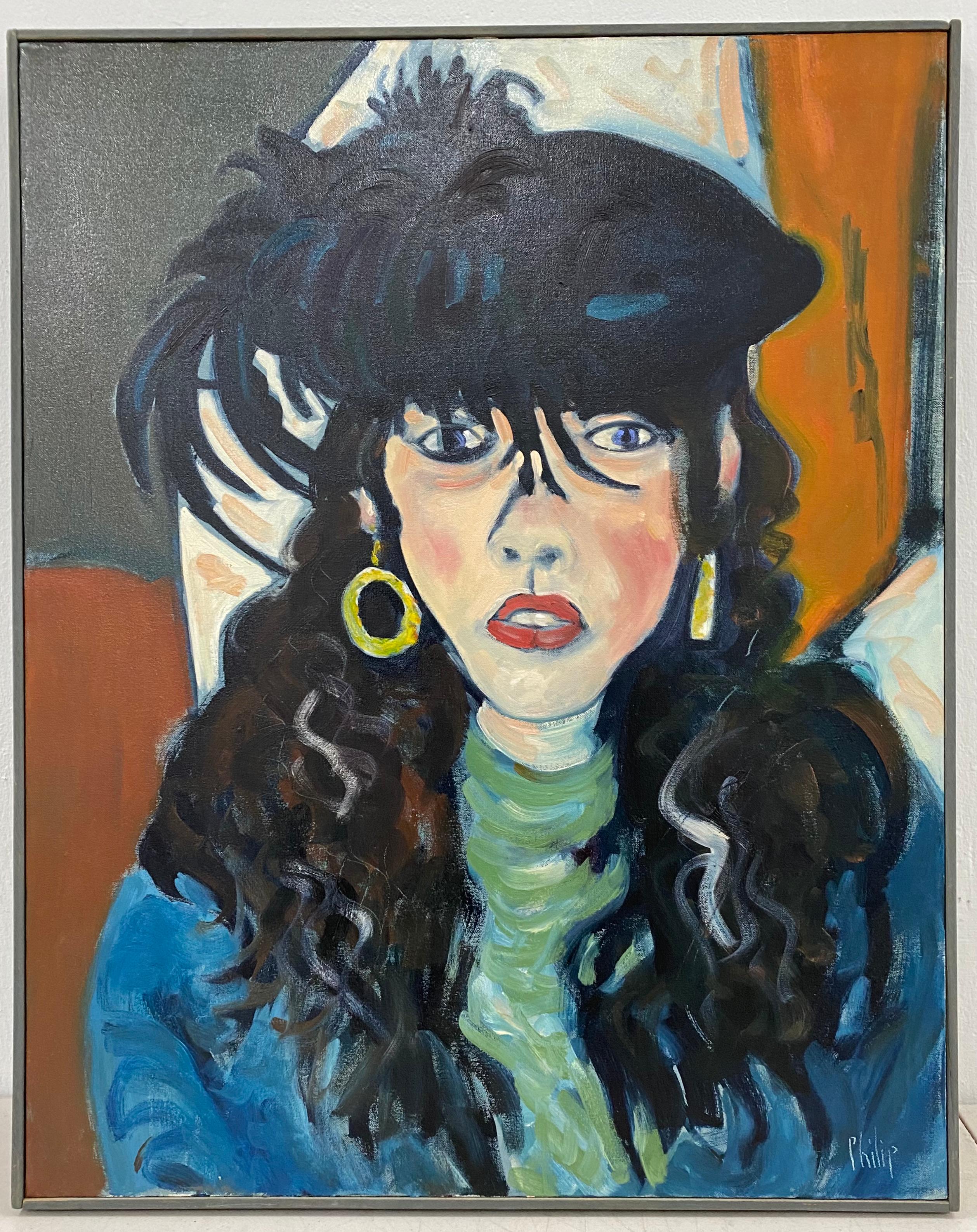 Unknown Portrait Painting - Vintage Oil Portrait "Girl W/ Feathered Hat" by Maine Artist Philip 20th C.