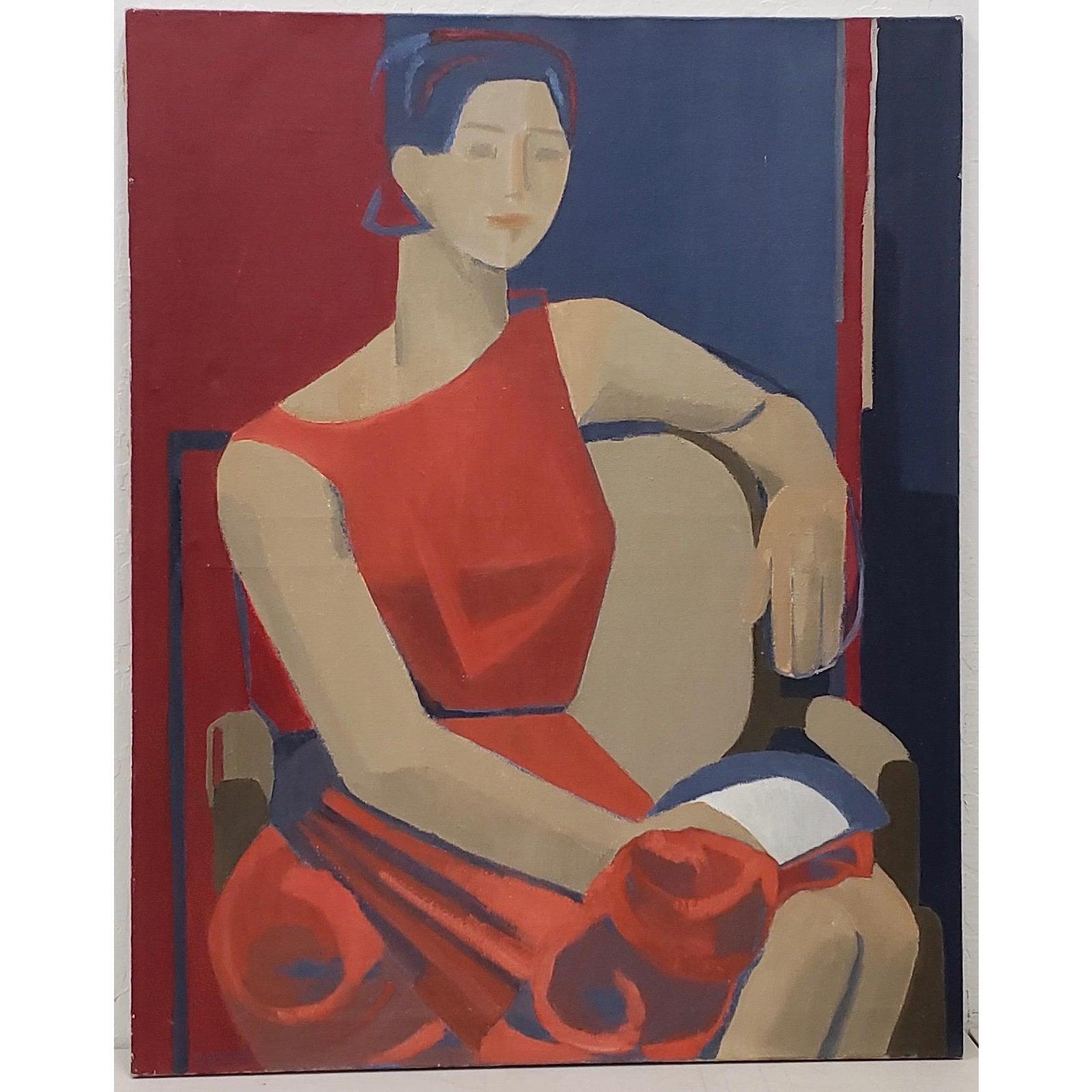 Vintage Oil Portrait "Woman in Red" c.1960s