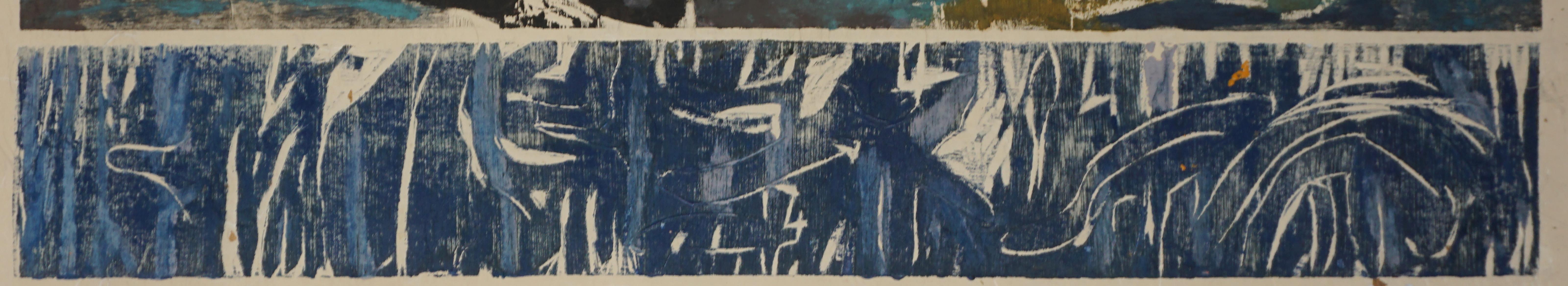 Vintage Original Abstracted Landscape Silk Screen on Rice Paper

Dramatic non-objective and abstracted landscape silkscreen in black india ink and neutral Casein paint tones. Unsigned, circa 1970. A band of grassy foliage in deep blue water provides