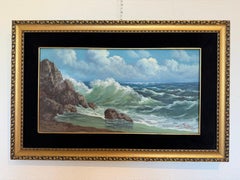 Vintage Original Maritime Oil Painting – Signed, Rocky Coast Waves Seascape