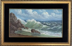 Vintage Original Maritime Oil Painting – Signed, Rocky Coast Waves Seascape