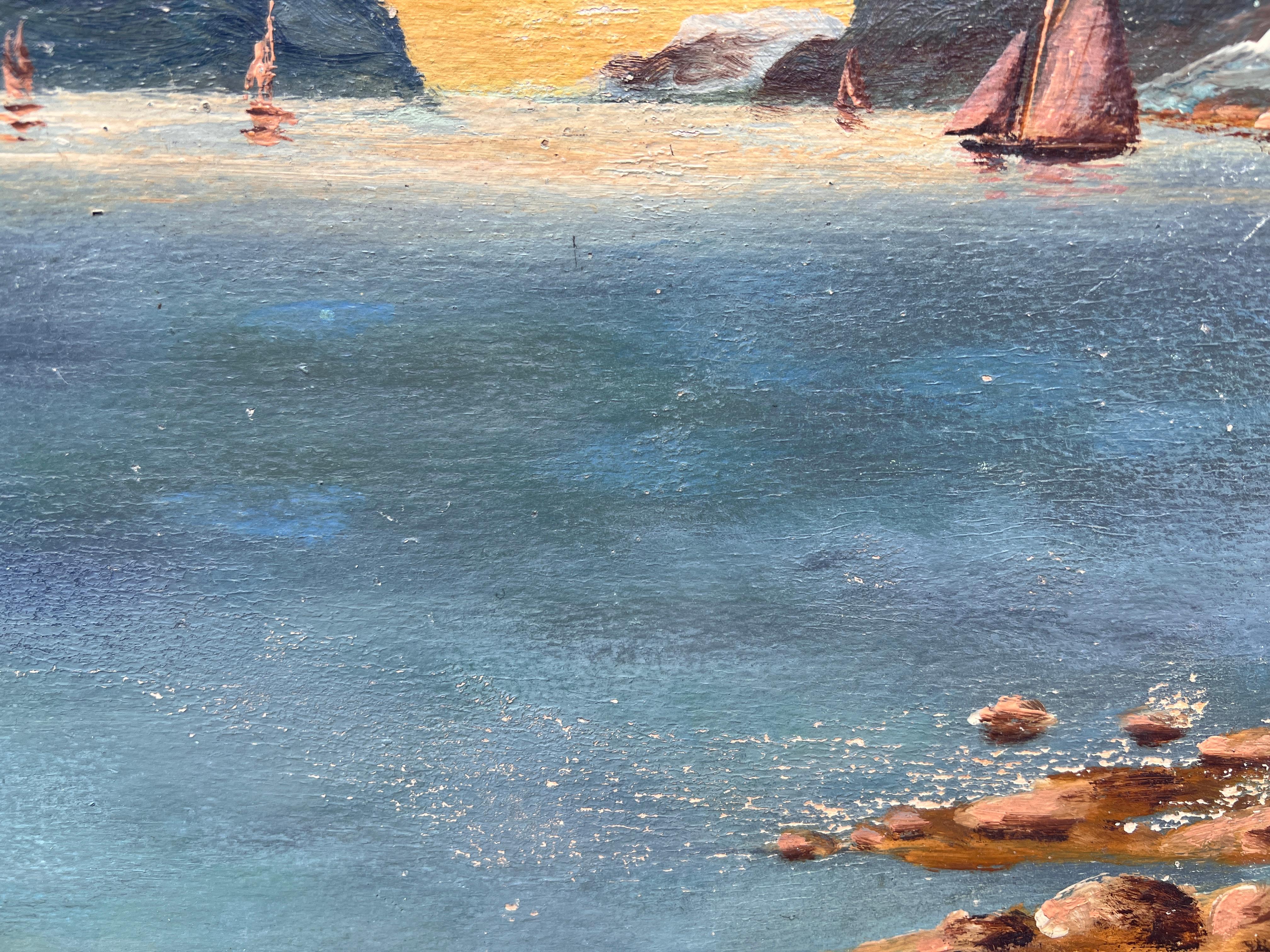 Peinture originale vintage à l'huile sur panneau, paysage côtier au coucher du soleil, Signée 6