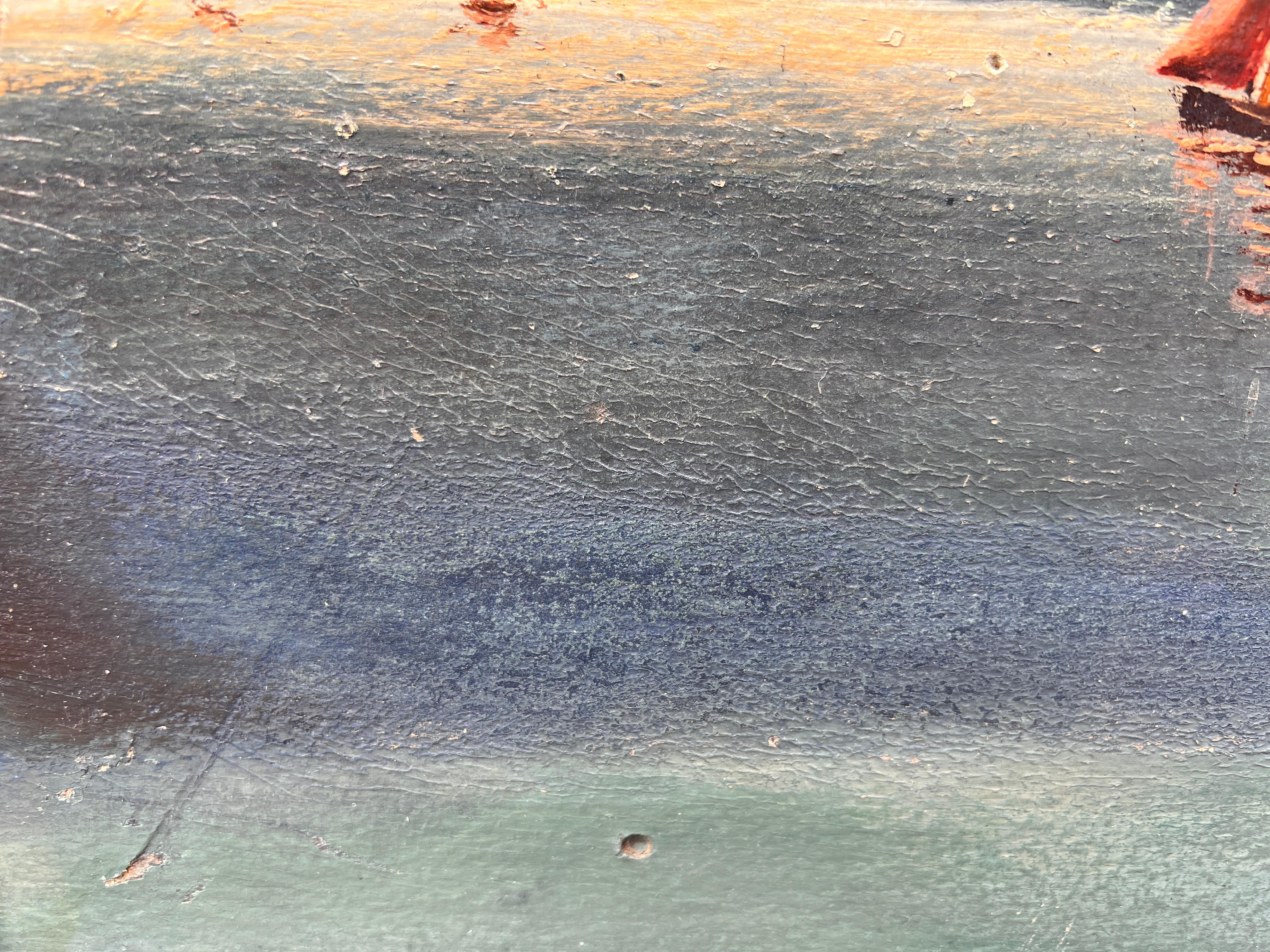 Peinture originale vintage à l'huile sur panneau, paysage côtier au coucher du soleil, Signée 7