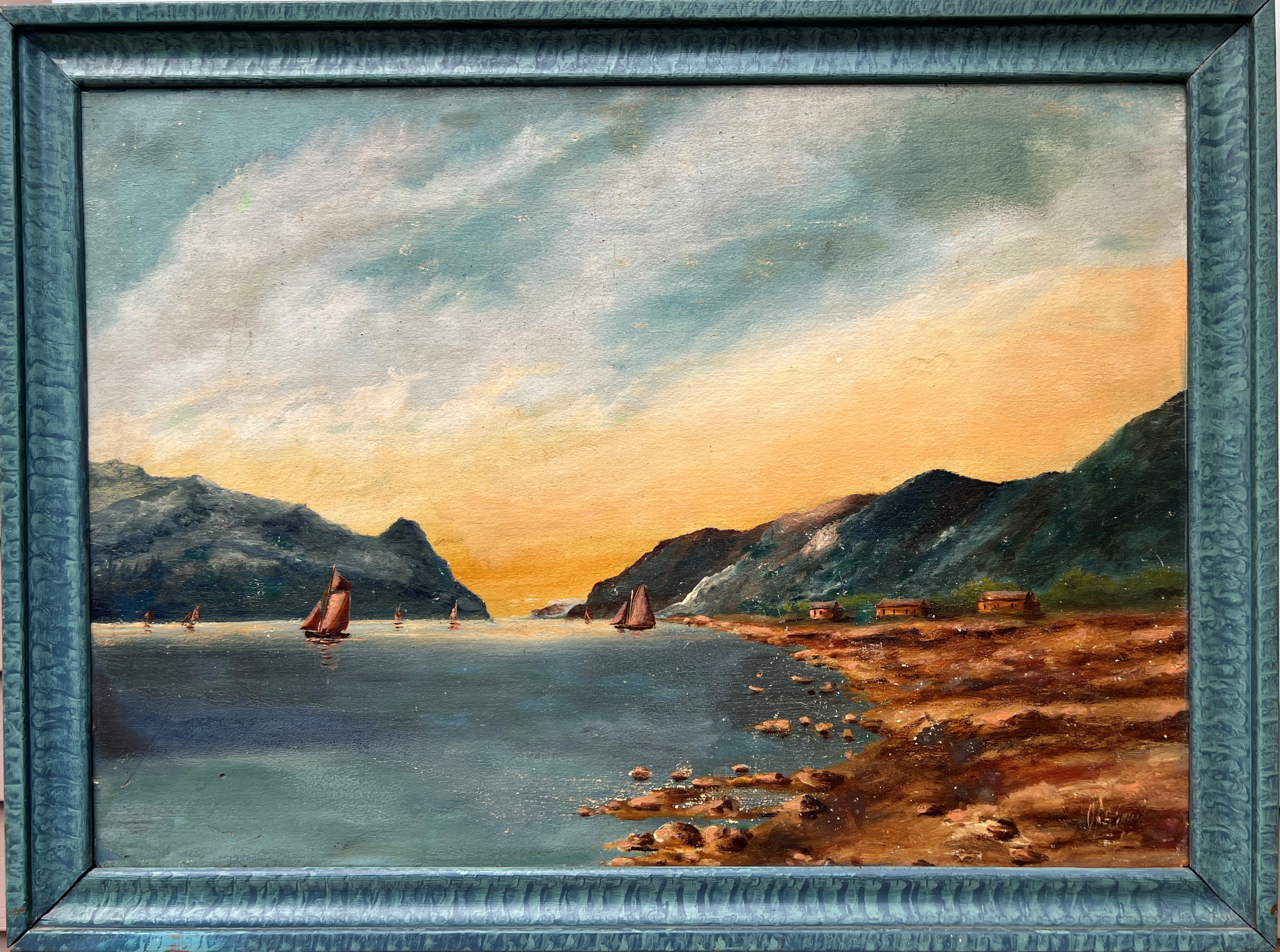 Peinture originale vintage à l'huile sur panneau, paysage côtier au coucher du soleil, Signée - Painting de Unknown