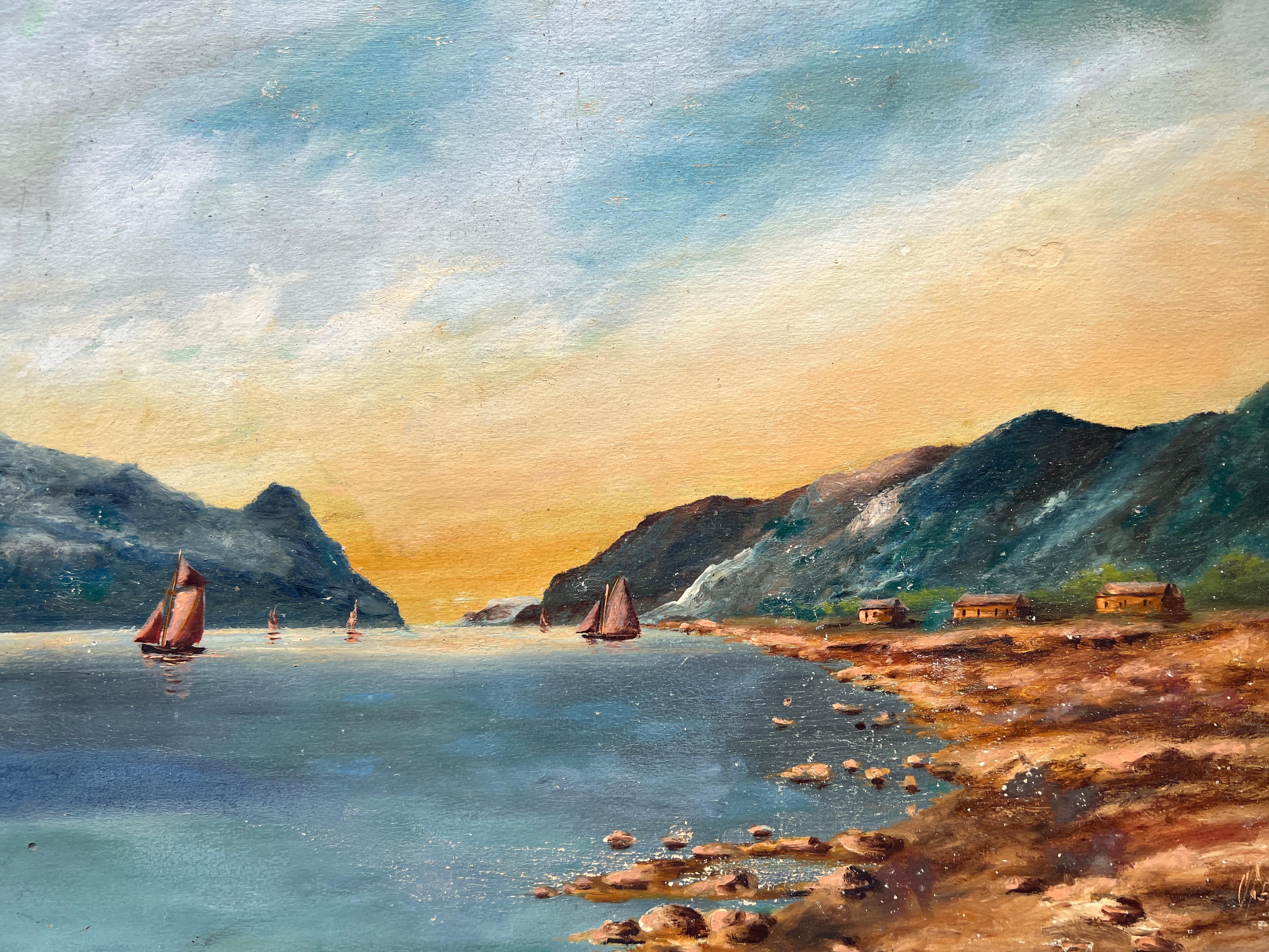 Peinture originale vintage à l'huile sur panneau, paysage côtier au coucher du soleil, Signée - Impressionnisme Painting par Unknown