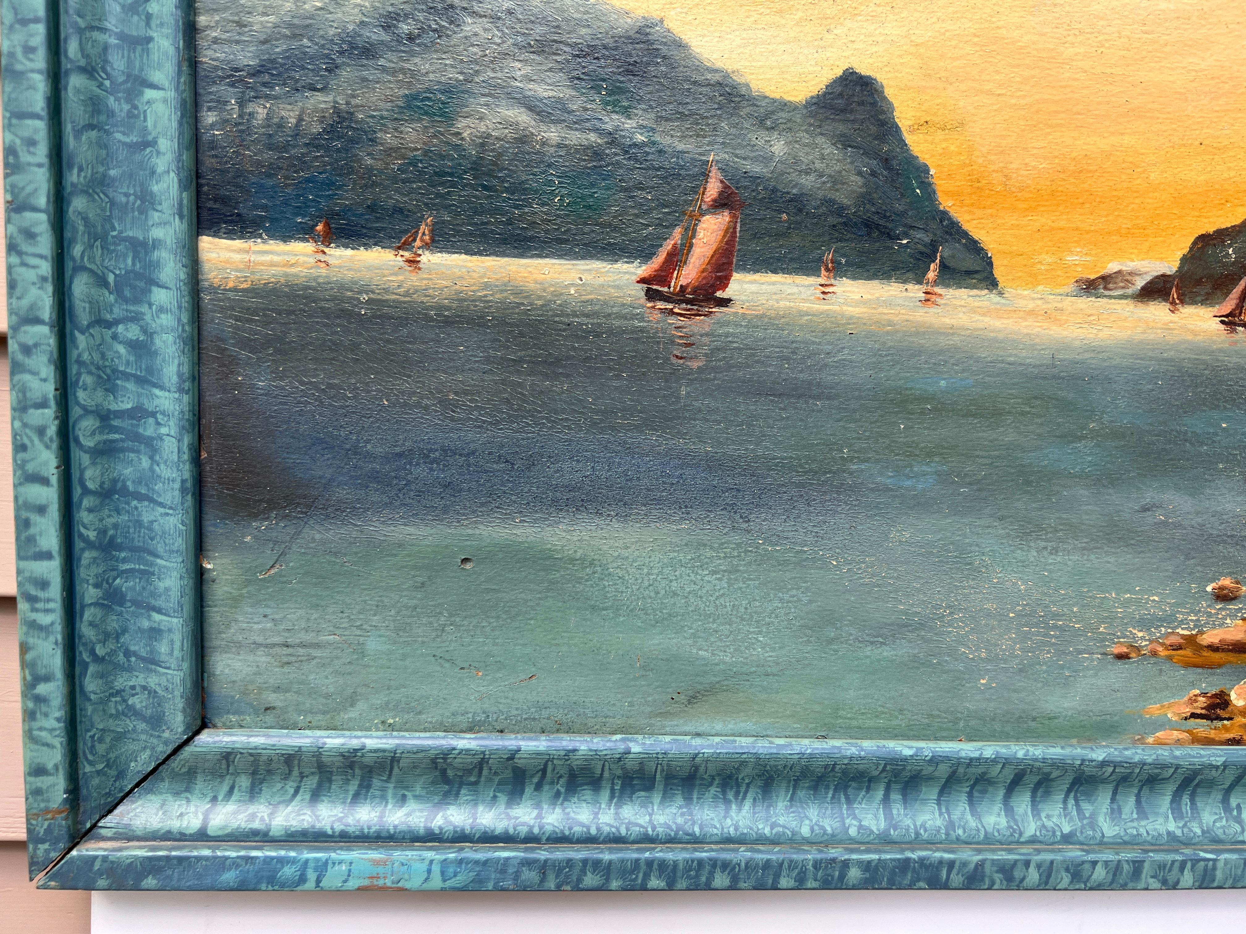 Peinture originale vintage à l'huile sur panneau, paysage côtier au coucher du soleil, Signée - Gris Landscape Painting par Unknown