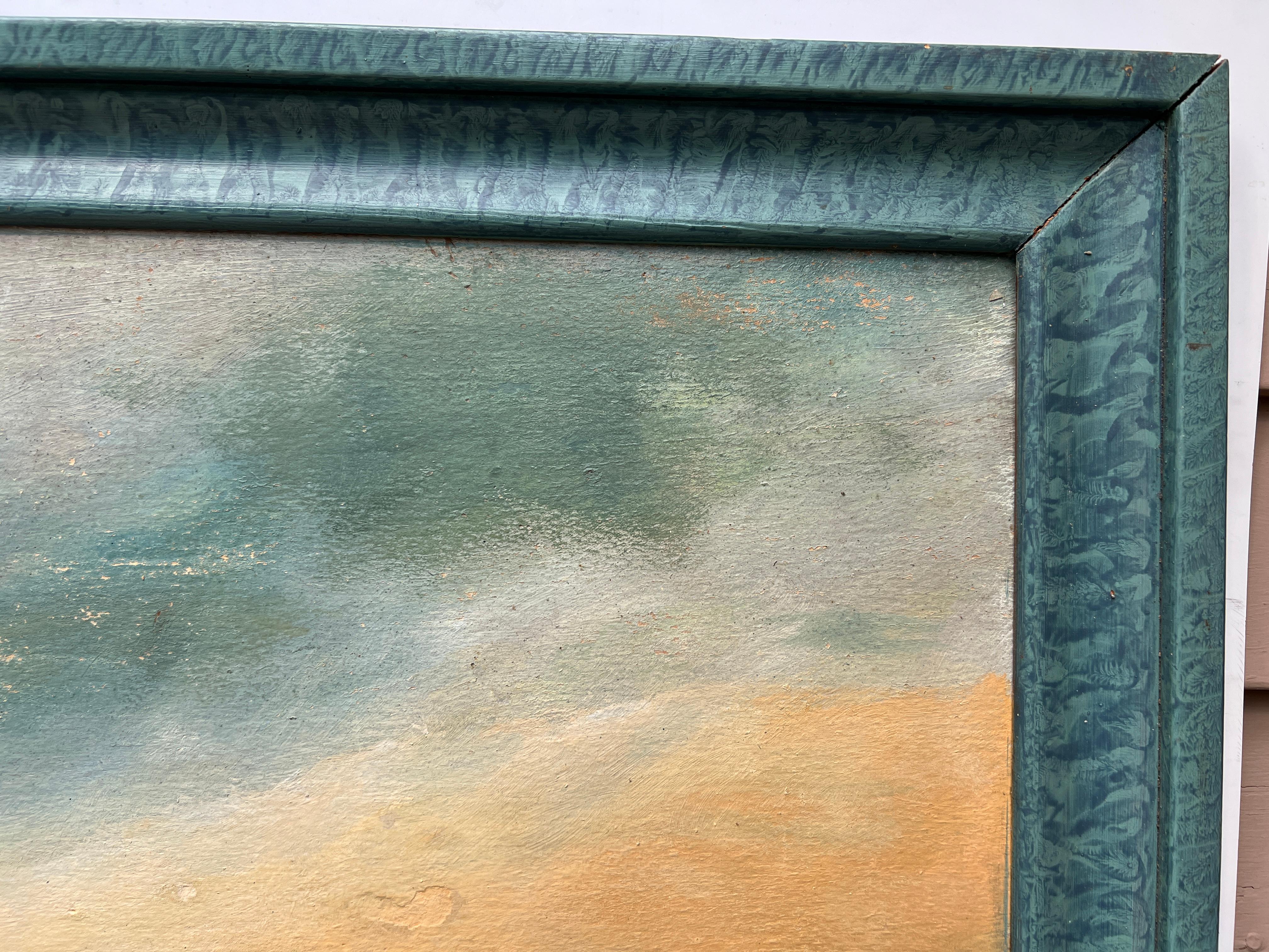 Peinture originale vintage à l'huile sur panneau, paysage côtier au coucher du soleil, Signée 1