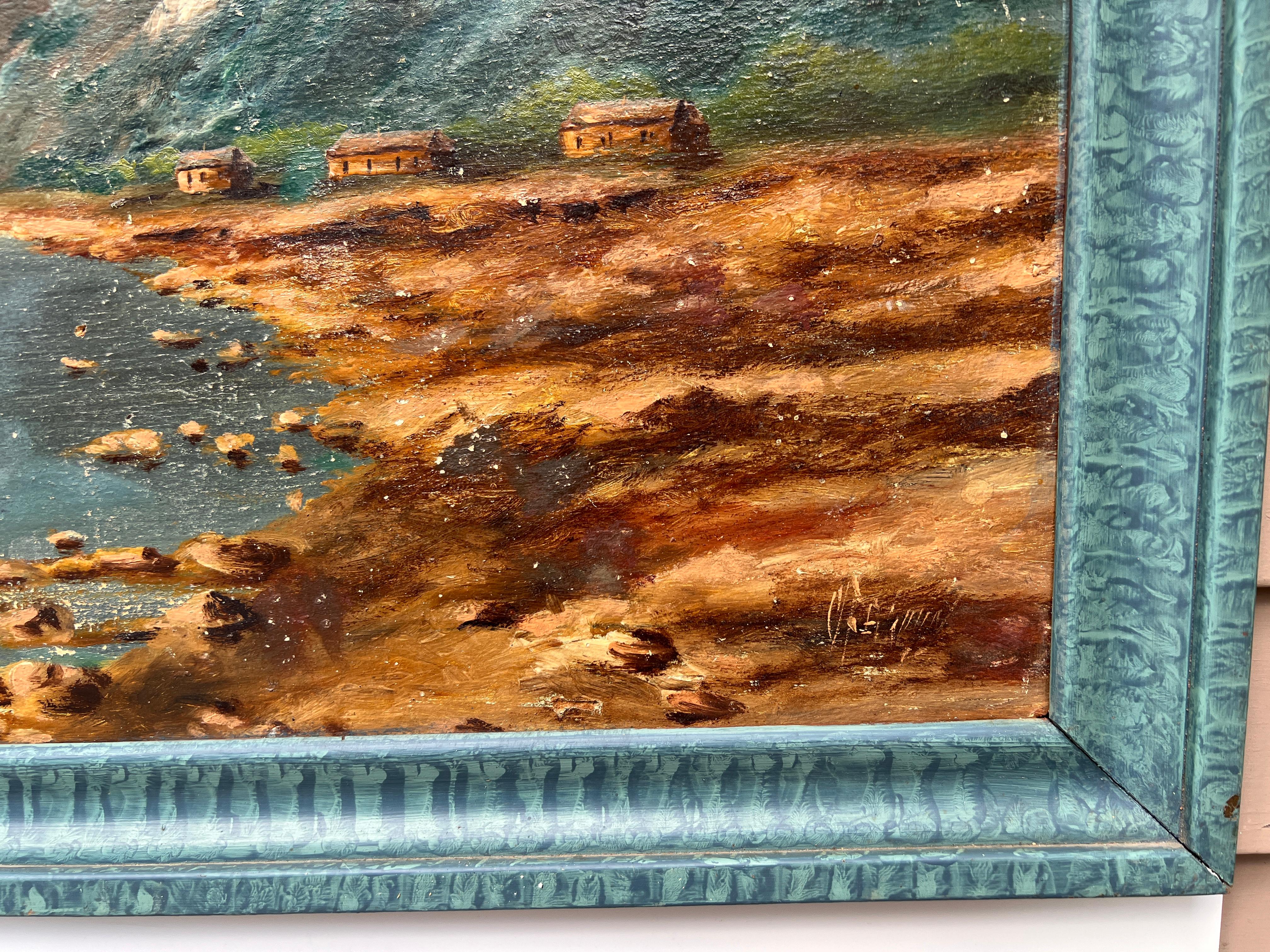 Peinture originale vintage à l'huile sur panneau, paysage côtier au coucher du soleil, Signée 2