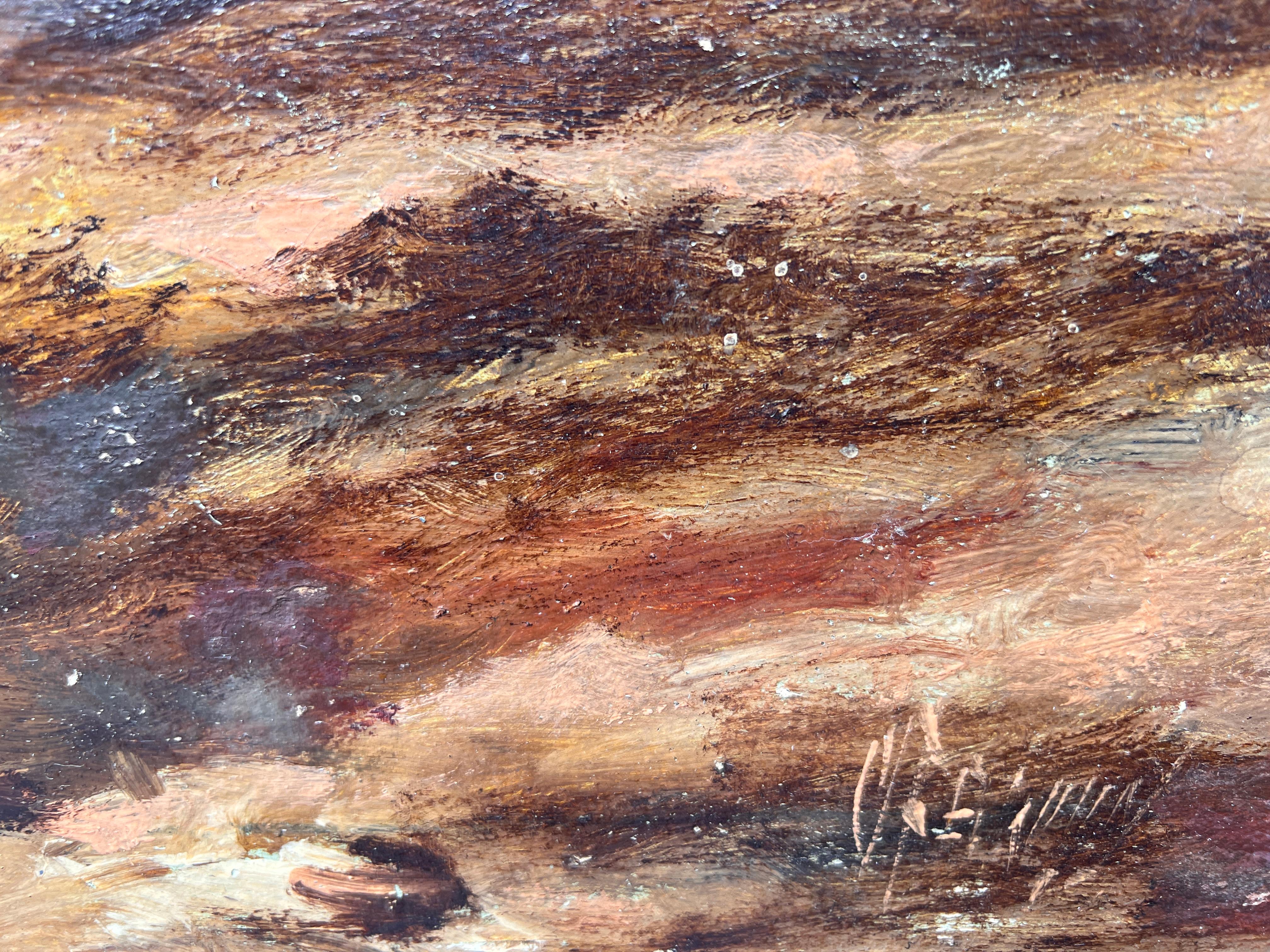 Peinture originale vintage à l'huile sur panneau, paysage côtier au coucher du soleil, Signée 3