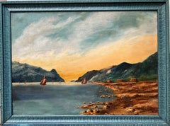 Peinture originale vintage à l'huile sur panneau, paysage côtier au coucher du soleil, Signée