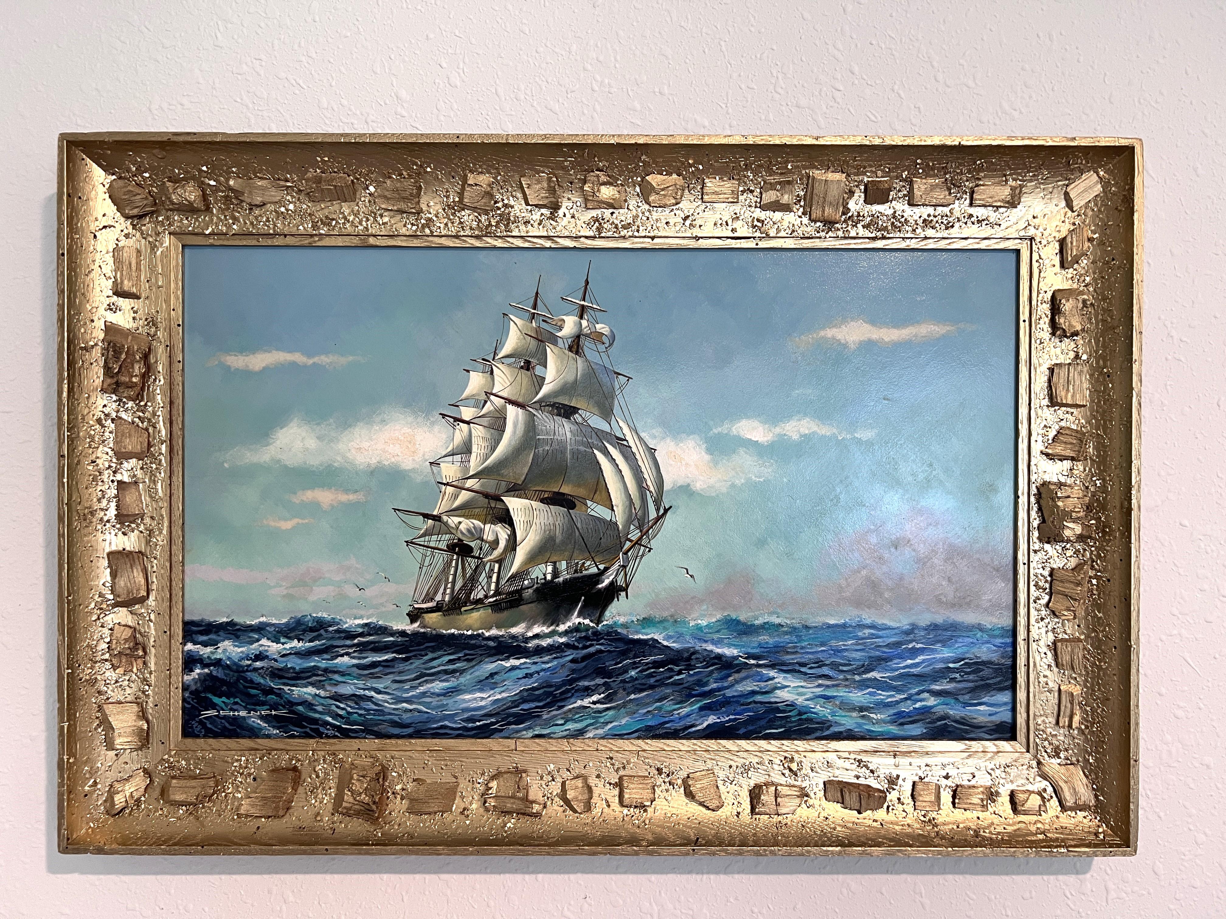 Pittura ad olio originale d'epoca su tavola, paesaggio marino, firmata, con cornice dorata - Painting di Unknown