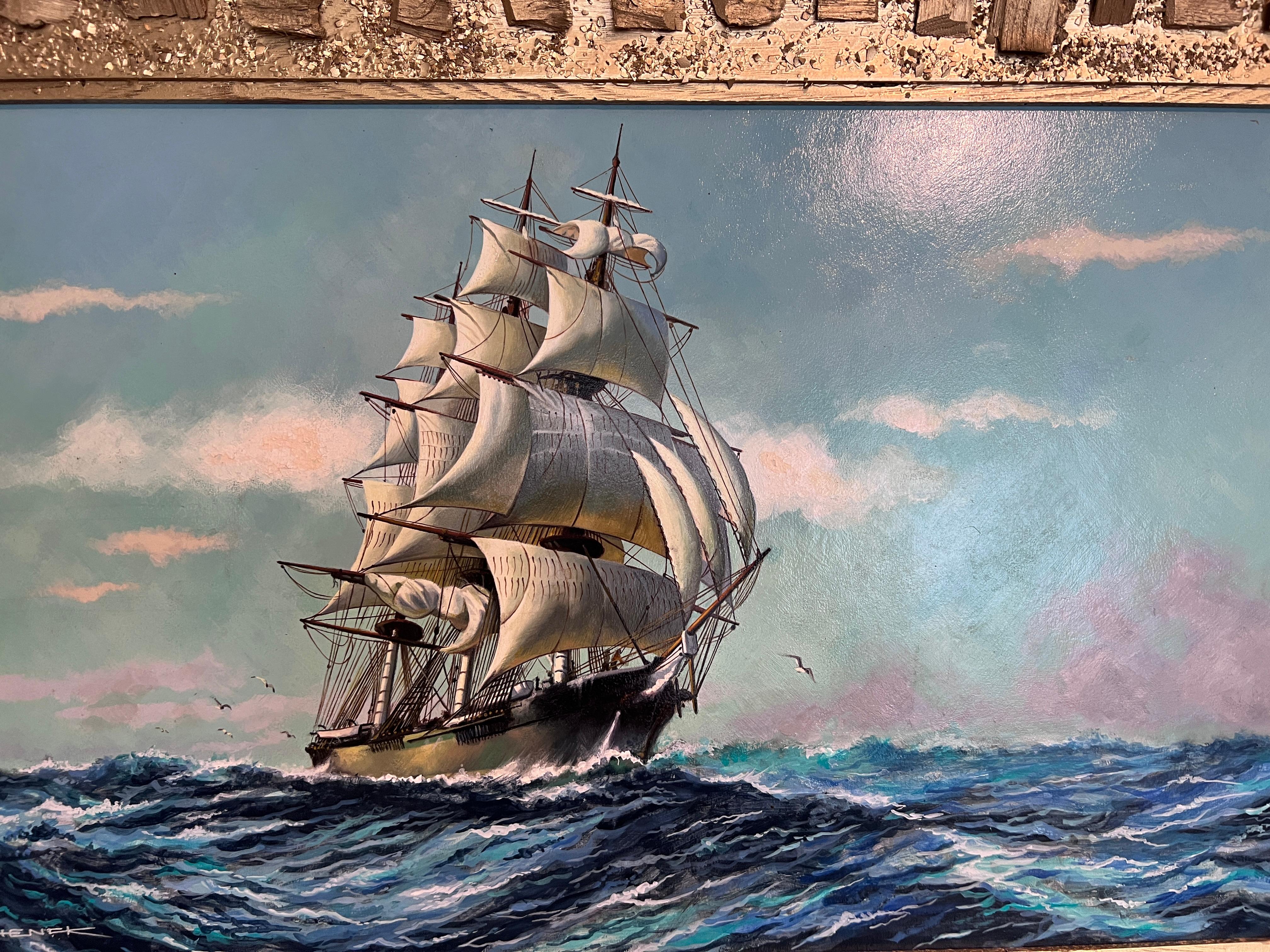 Pittura ad olio originale d'epoca su tavola, paesaggio marino, firmata, con cornice dorata - Painting Impressionismo di Unknown