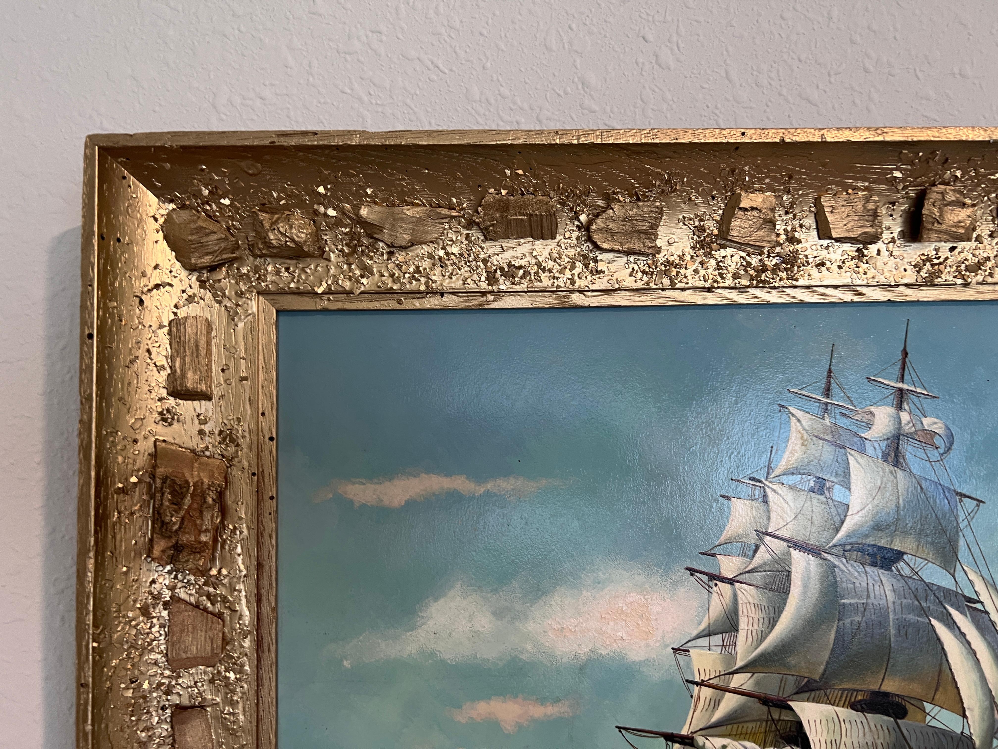 In vendita c'è un dipinto originale a olio su tavola che raffigura una maestosa nave alta che naviga in un mare vibrante e agitato. La nave, con i suoi alberi imponenti e le vele bianche completamente spiegate, è resa in modo meticoloso, catturando