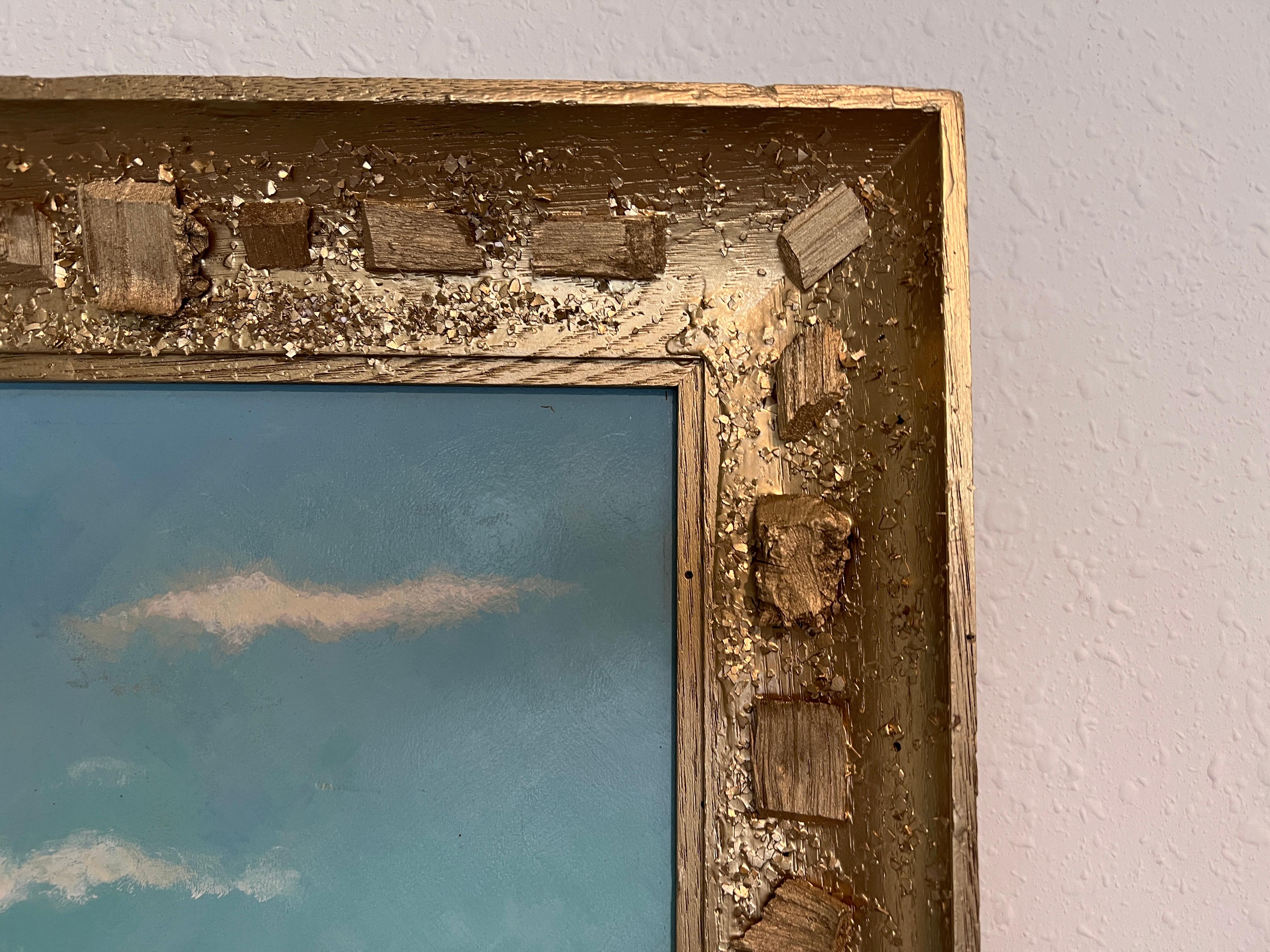 Pittura ad olio originale d'epoca su tavola, paesaggio marino, firmata, con cornice dorata in vendita 1