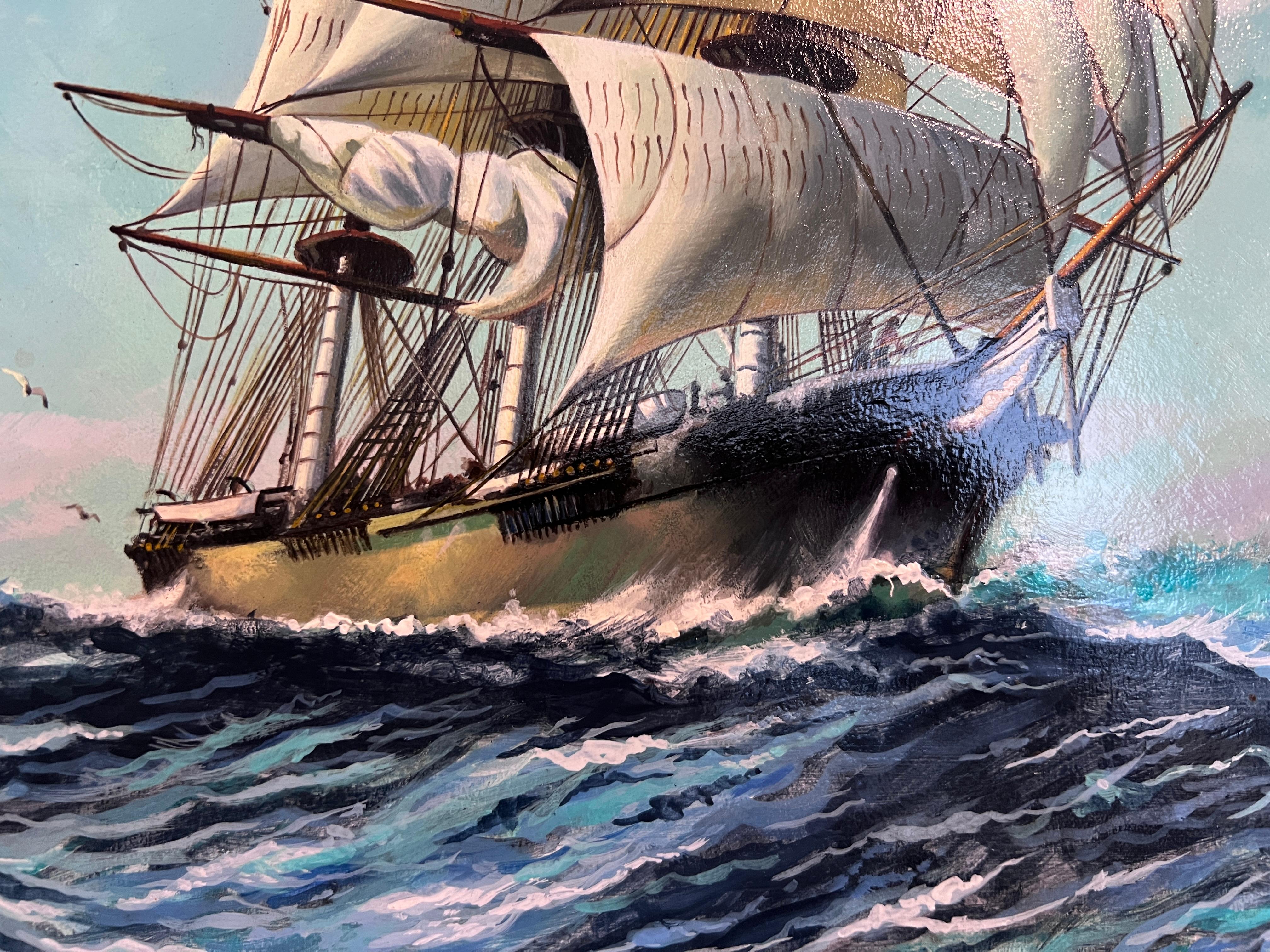 Pittura ad olio originale d'epoca su tavola, paesaggio marino, firmata, con cornice dorata in vendita 4
