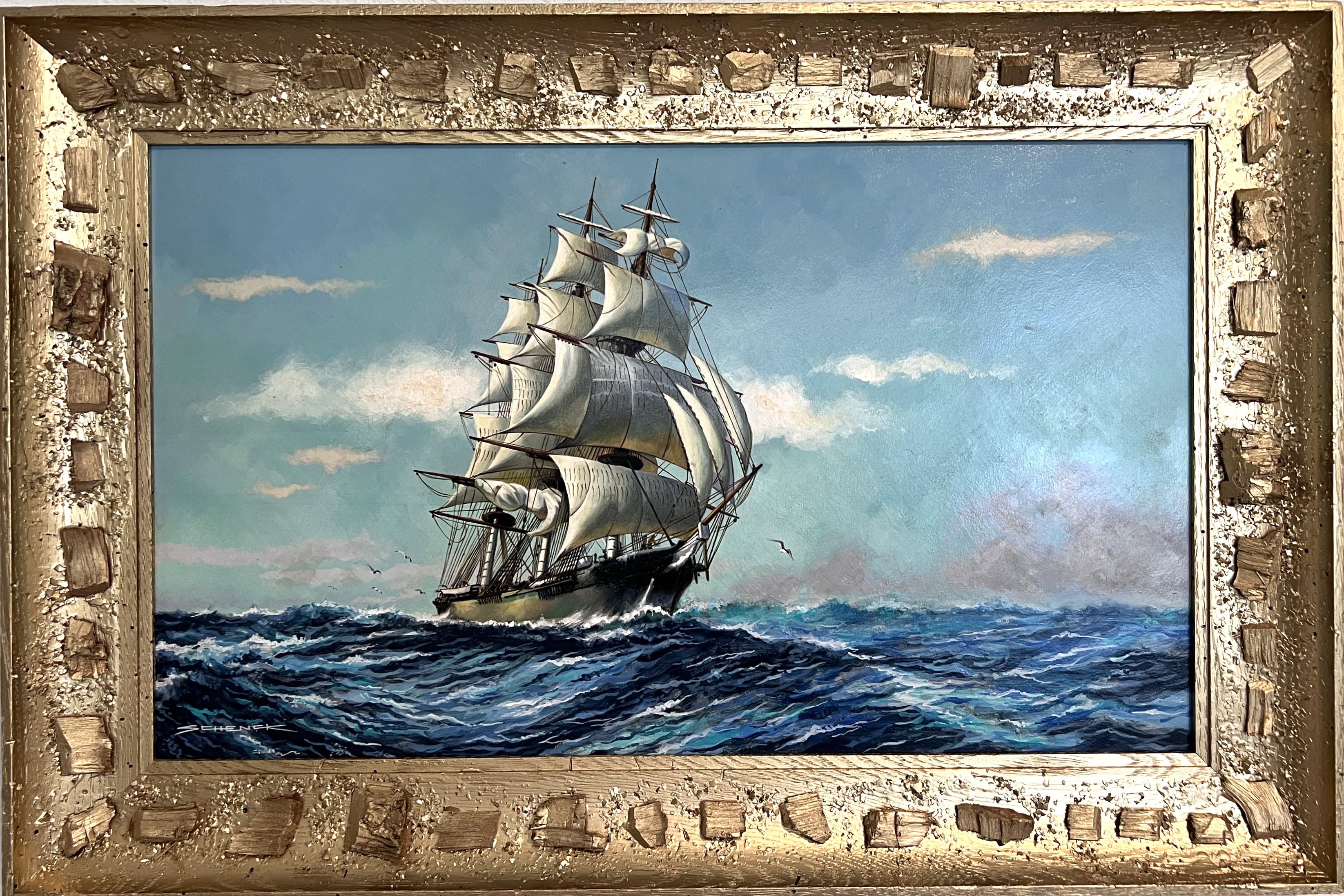 Landscape Painting di Unknown - Pittura ad olio originale d'epoca su tavola, paesaggio marino, firmata, con cornice dorata