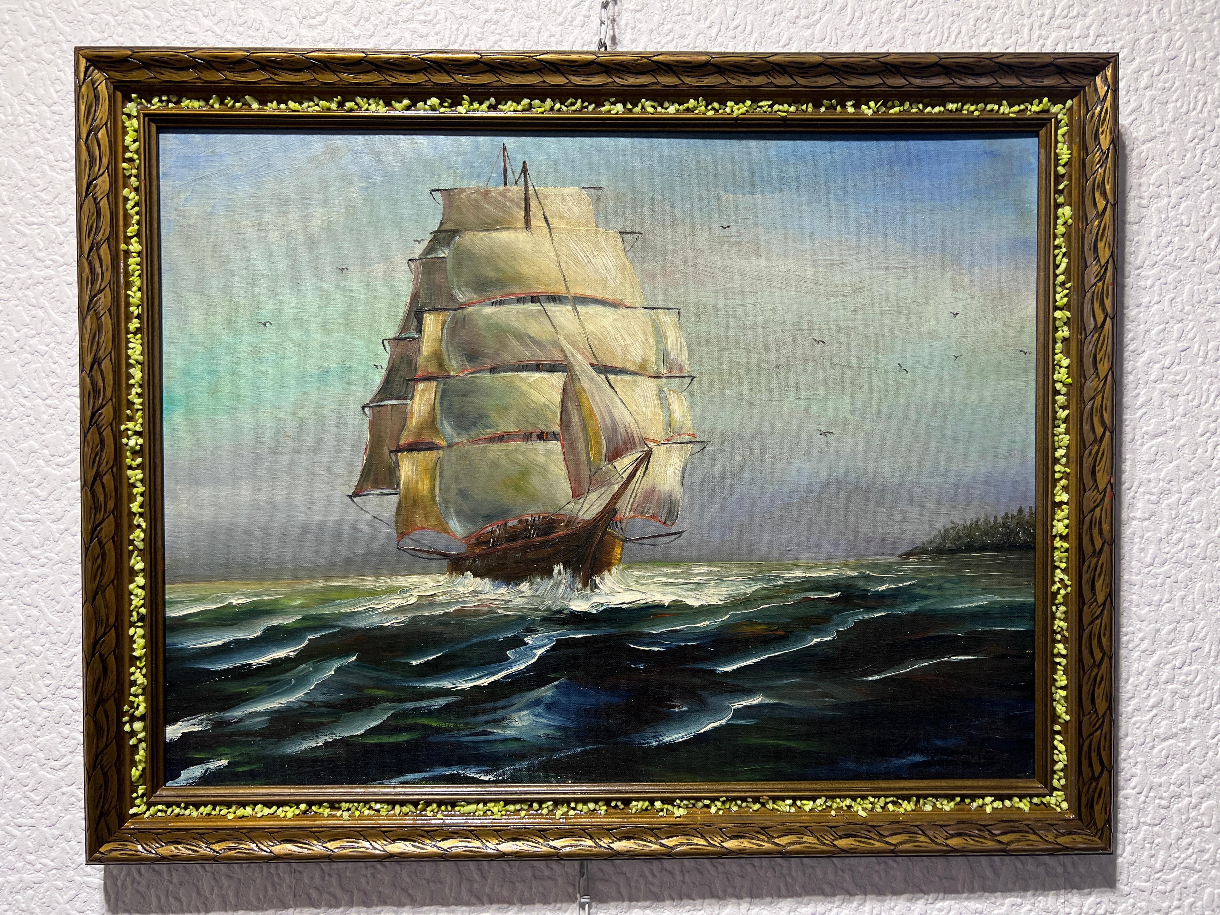 Vintage Original Óleo sobre lienzo Paisaje marino, Barco de vela en el océano - Painting de Unknown