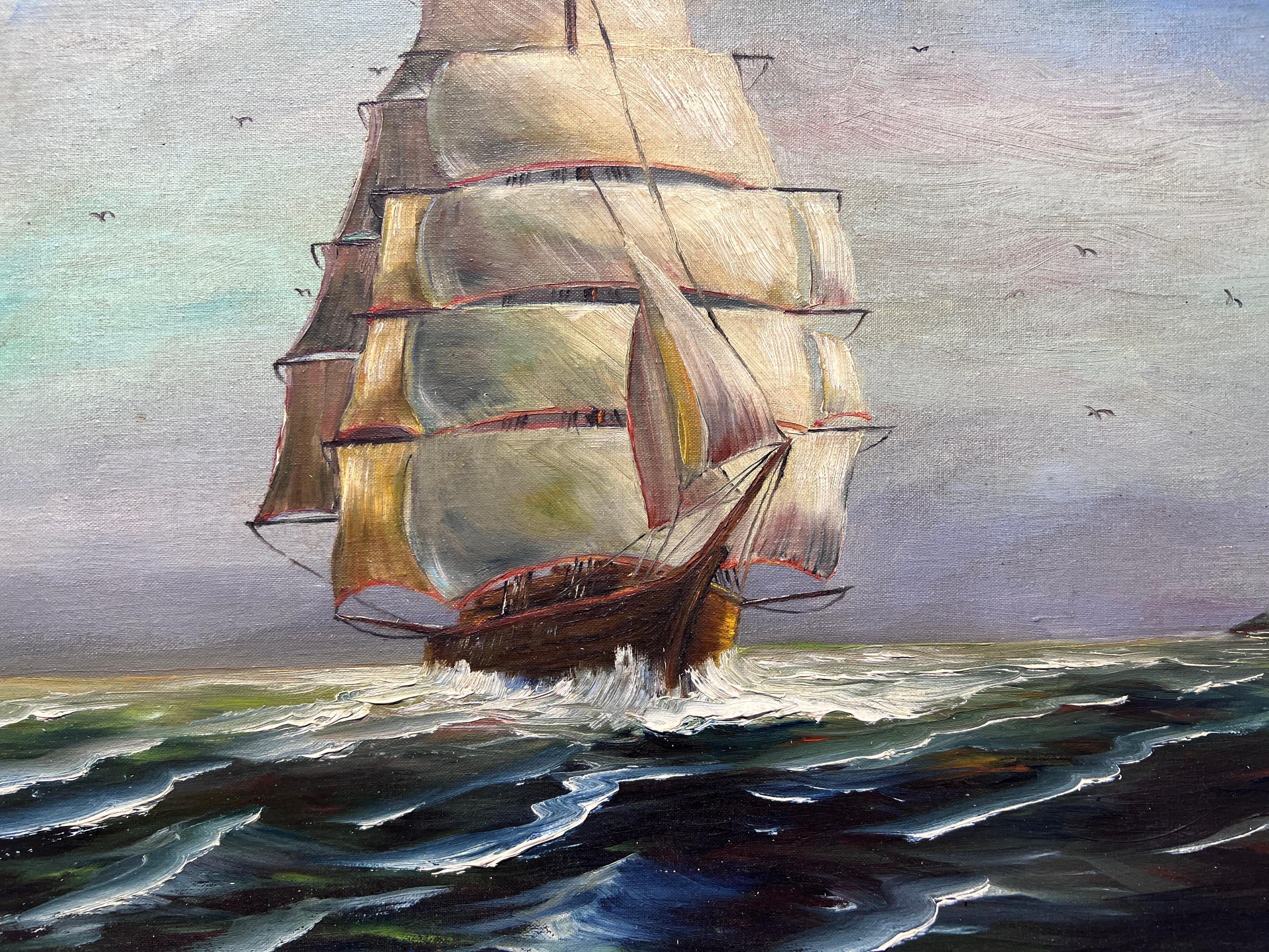 Vintage Original Óleo sobre lienzo Paisaje marino, Barco de vela en el océano - Painting Impresionista de Unknown