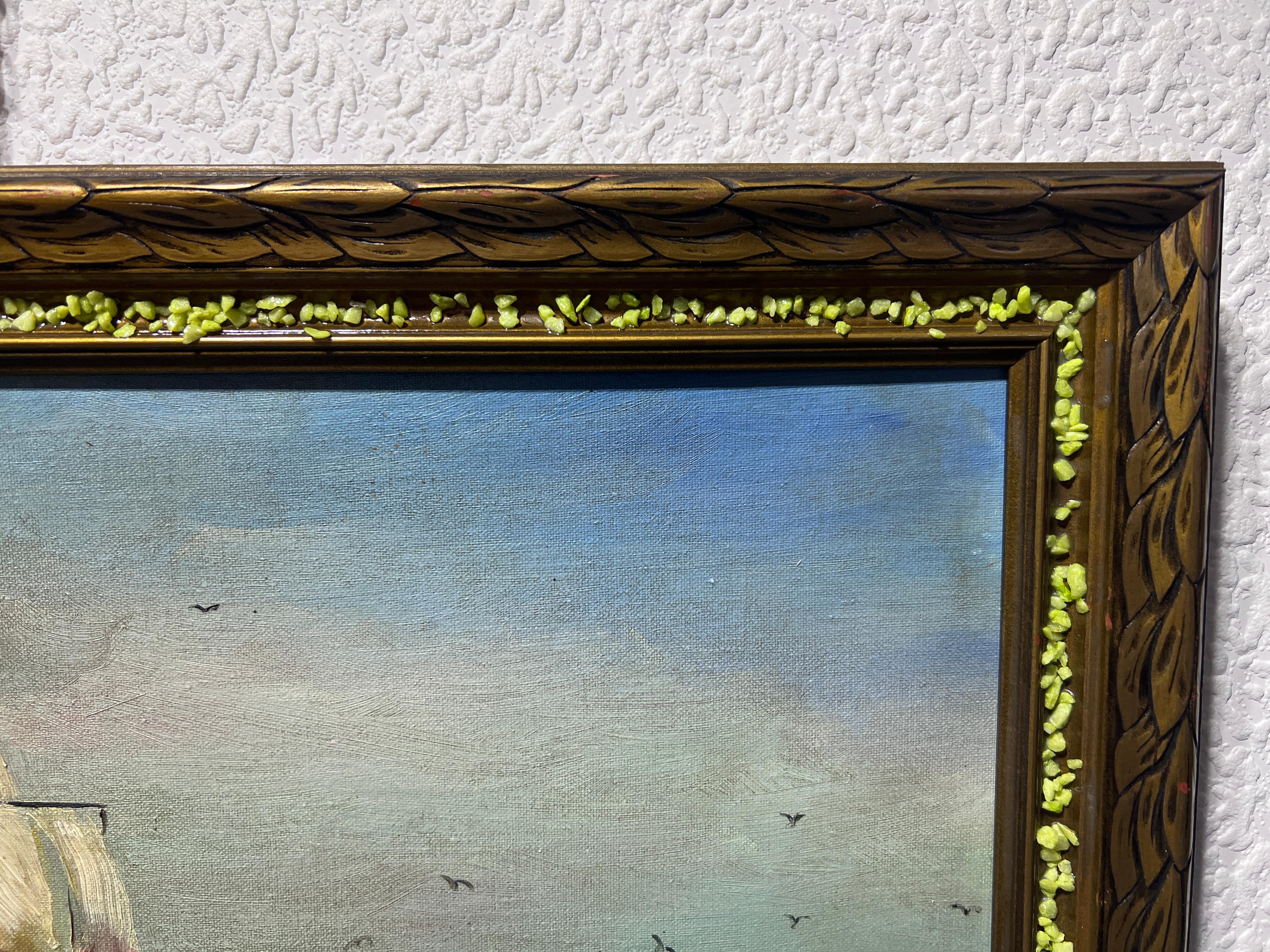 Vintage Original Óleo sobre lienzo Paisaje marino, Barco de vela en el océano 1