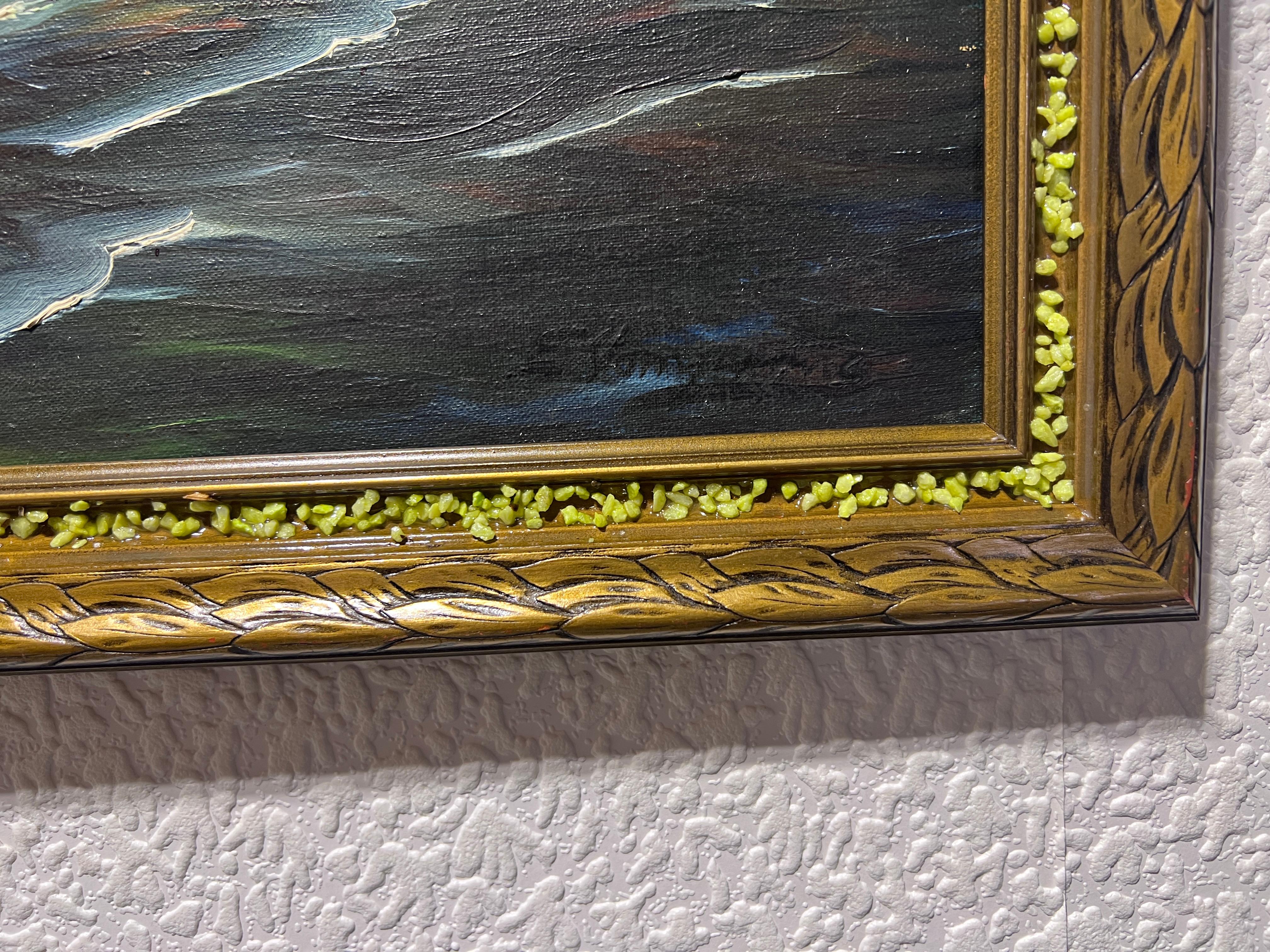 Vintage Original Óleo sobre lienzo Paisaje marino, Barco de vela en el océano 2