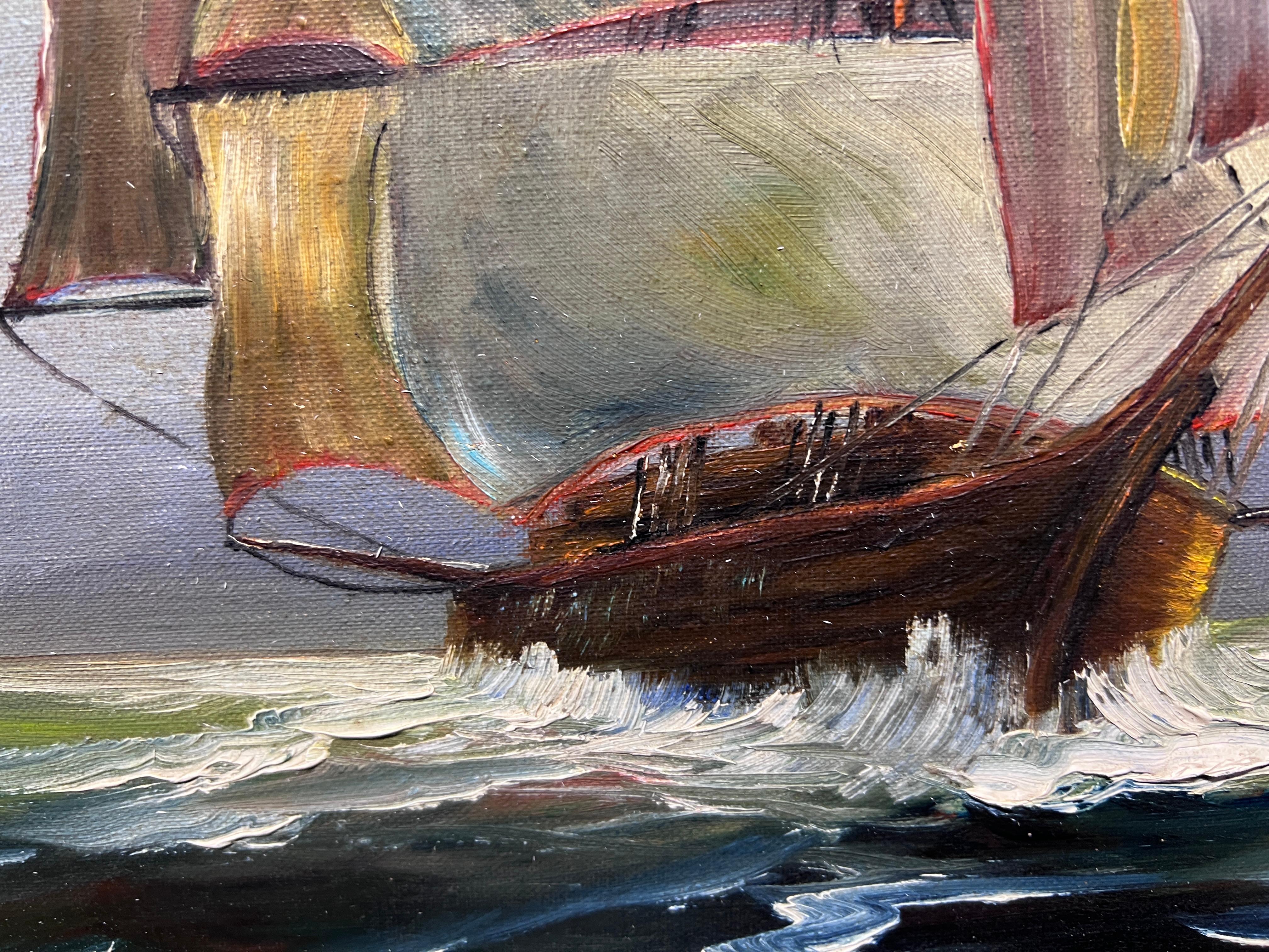 Vintage Original Óleo sobre lienzo Paisaje marino, Barco de vela en el océano 4