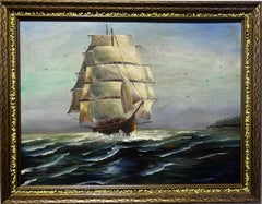 Vintage Original Óleo sobre lienzo Paisaje marino, Barco de vela en el océano