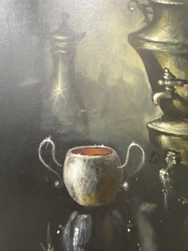 Vintage Original Still Life Oil Painting W/ Silver Coffee Chafer by Parisch C.19 For Sale 3