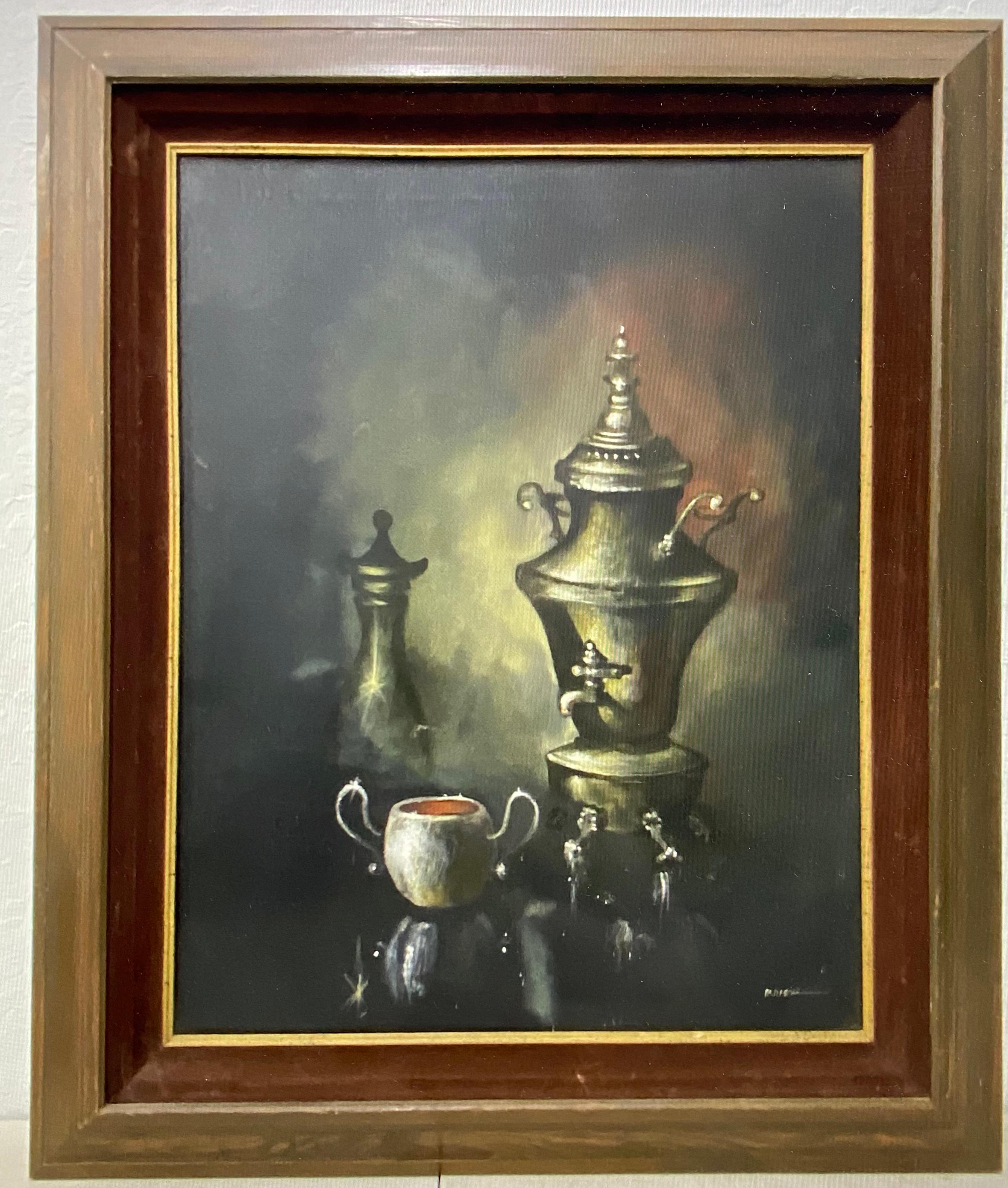 Vintage Original Still Life Oil Painting W/ Silver Coffee Chafer by Parisch C.19