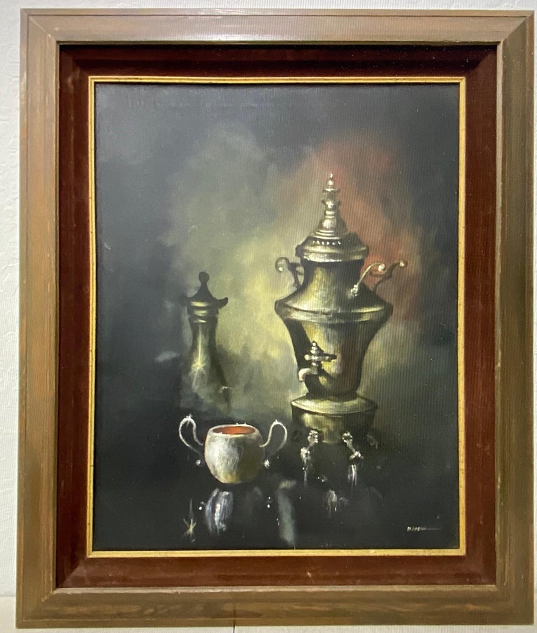 Unknown Still-Life Painting - Vintage Original Still Life Oil Painting W/ Silver Coffee Chafer by Parisch C.19