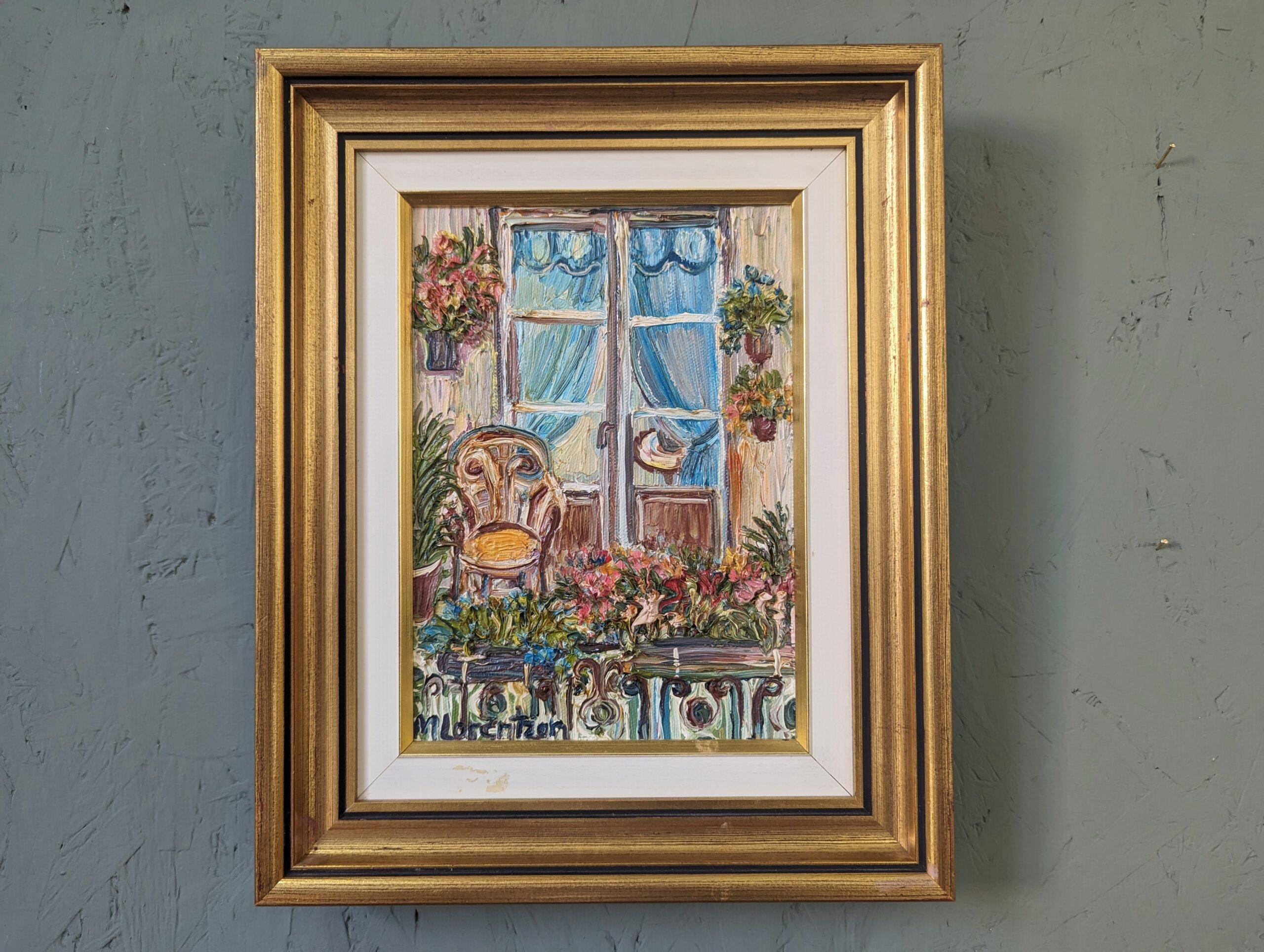 Vintage Original Swedish Framed Still Life Oil Painting - Balcony Garden For Sale 1