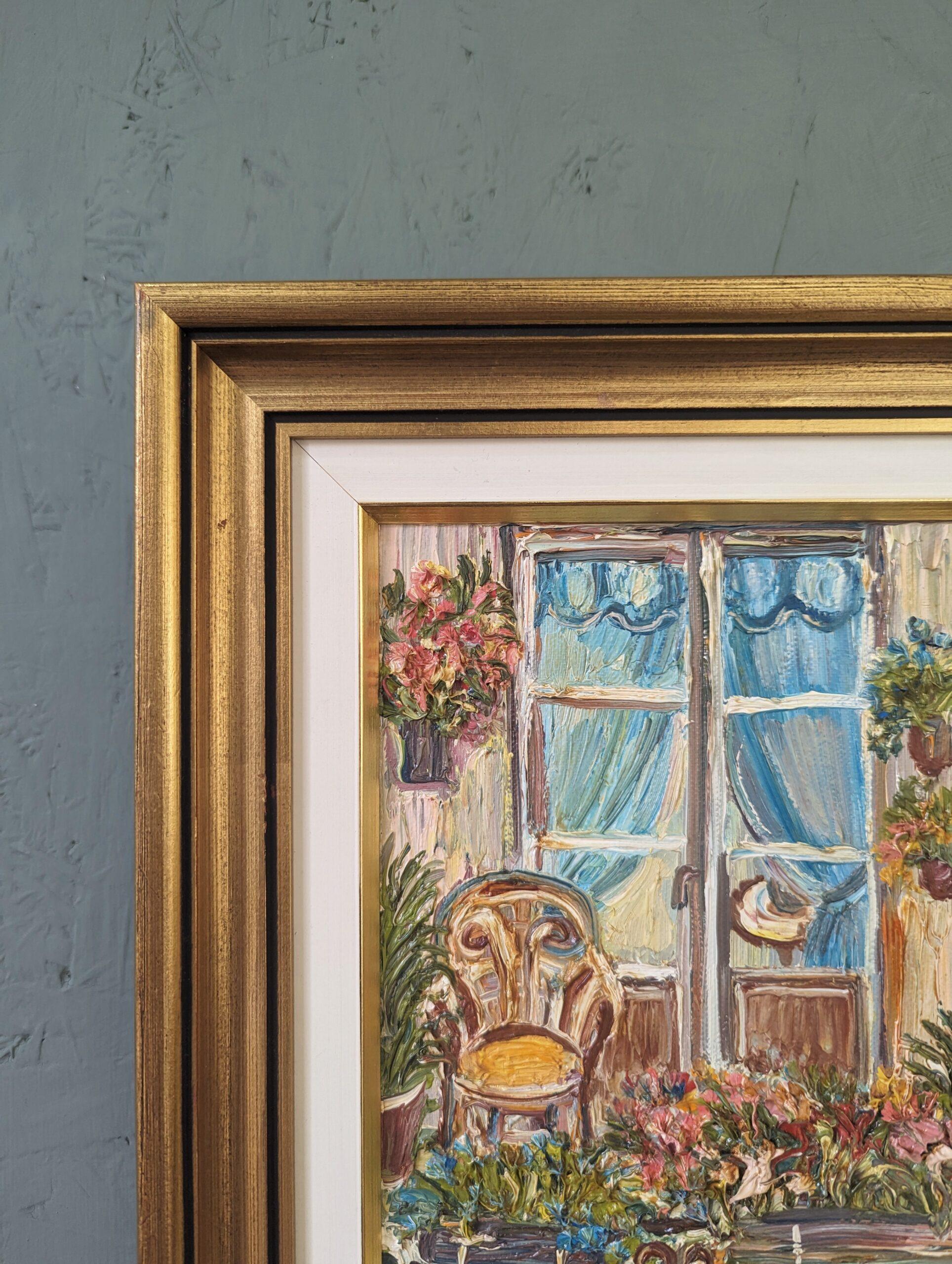 Vintage Original Swedish Framed Still Life Oil Painting - Balcony Garden For Sale 6