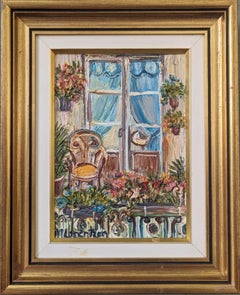 Vintage Original Swedish Framed Still Life Oil Painting - Balcony Garden