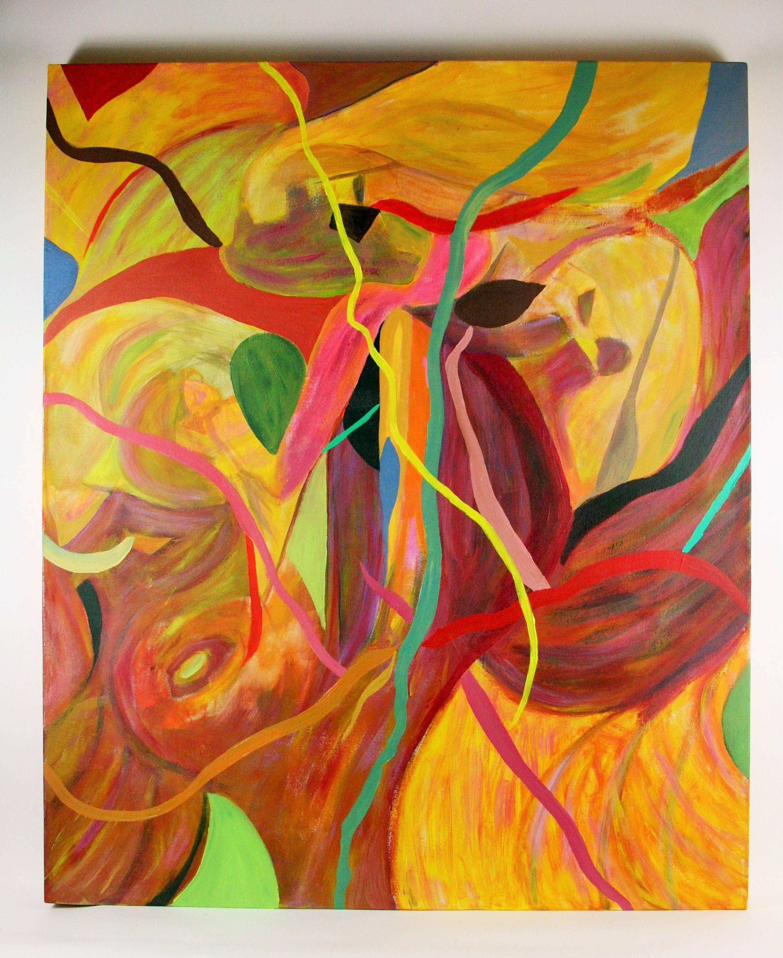 Abstract Painting di Unknown - Vintage  "Nastri colorati" espressionista astratto di grandi dimensioni  1980 di Brunelli