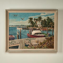 Peinture vintage d
un quai de bateau tropical