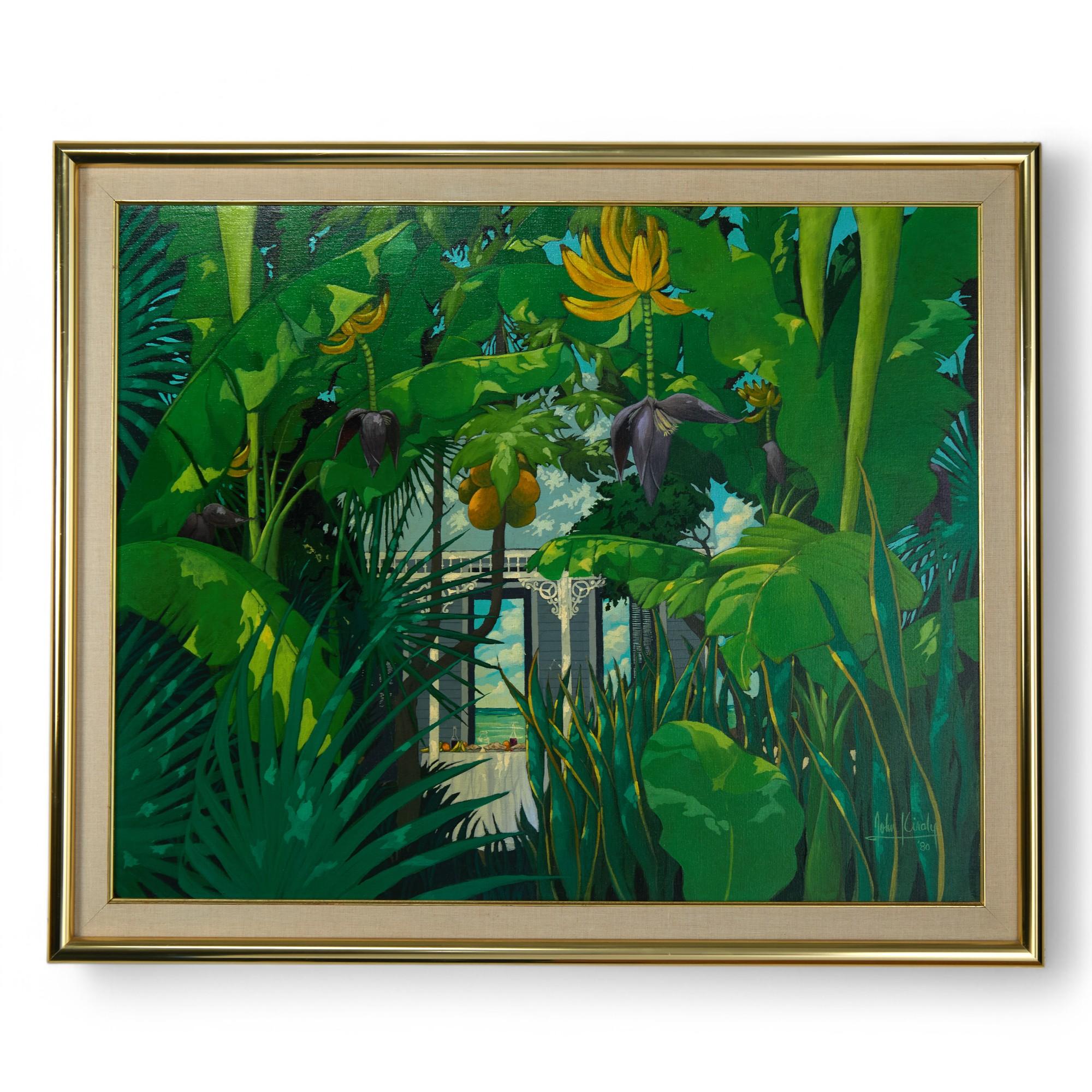 Quadro d'epoca di un giardino tropicale di John Kiralys - Painting di Unknown