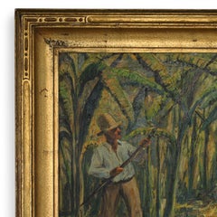 Vintage Painting on Board Titled "Harvesting Bananas" by Andrew Roswall 1938