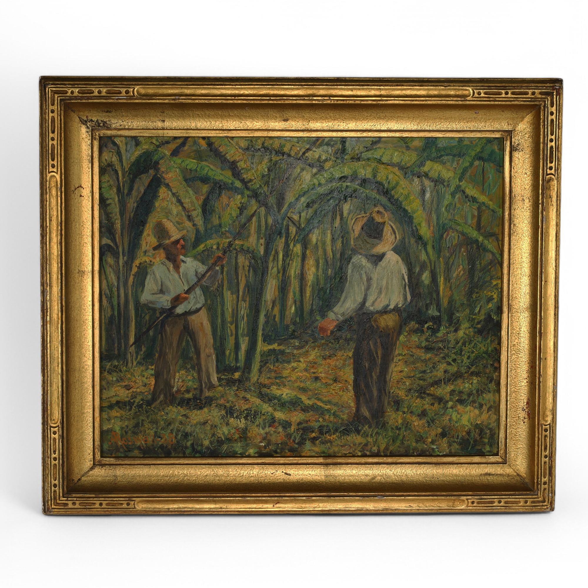Transporting oil painting on board of farmworkers on a banana plantation, executed in an impressionist style playing with light and shadow. Signed Roswall in the lower left, titled on the back and presented in a gilt wood frame.