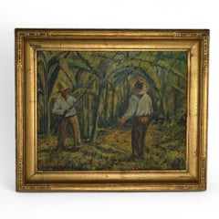 Quadro d'epoca su tavola intitolato "Raccolta delle banane" di Andrew Roswall 1938