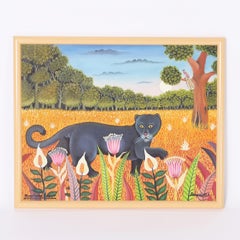 Vintage Painting on Canvas of a Black Cat
