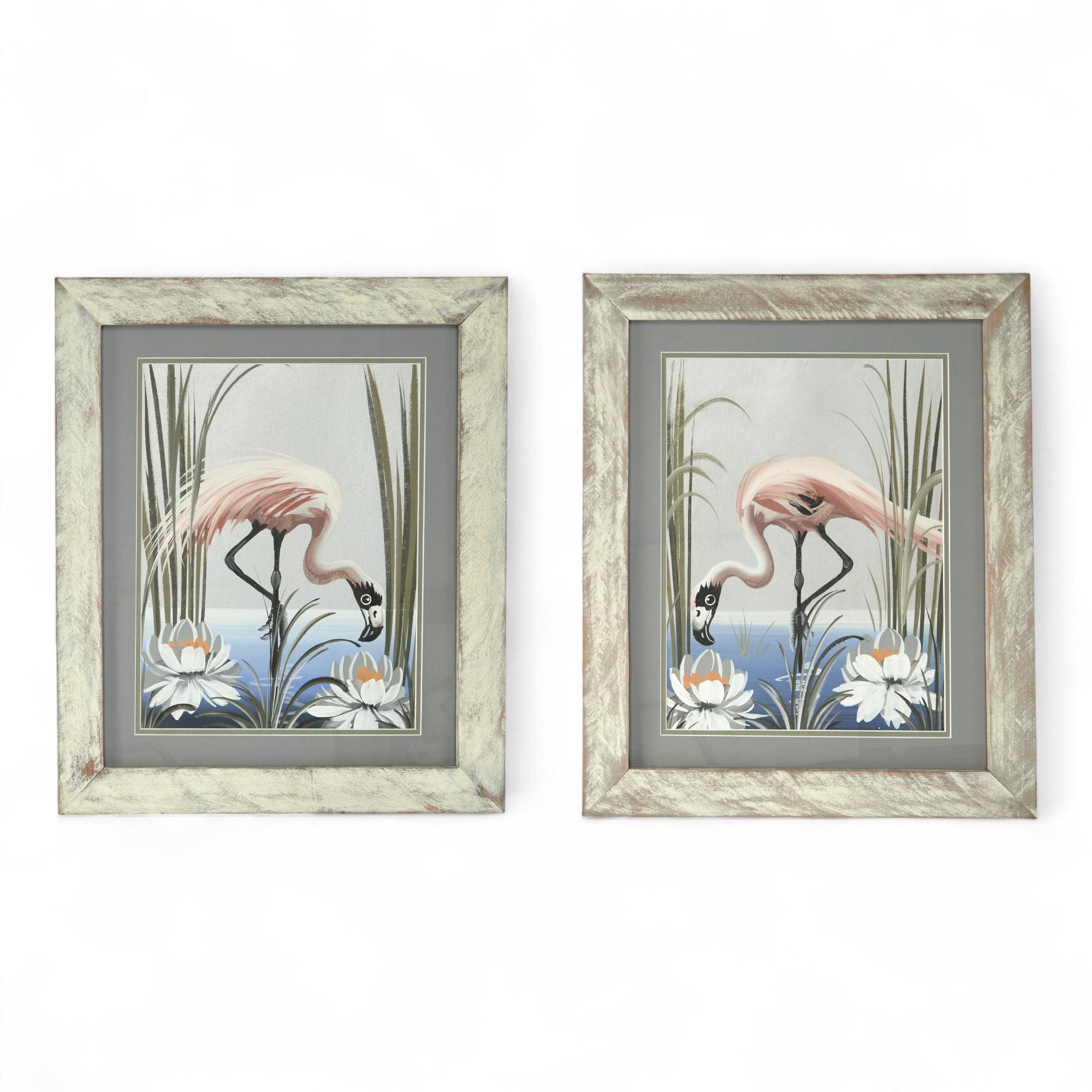 Animal Painting Unknown - Paire de tableaux vintage représentant des flamants roses