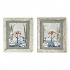 Paire de tableaux vintage représentant des flamants roses