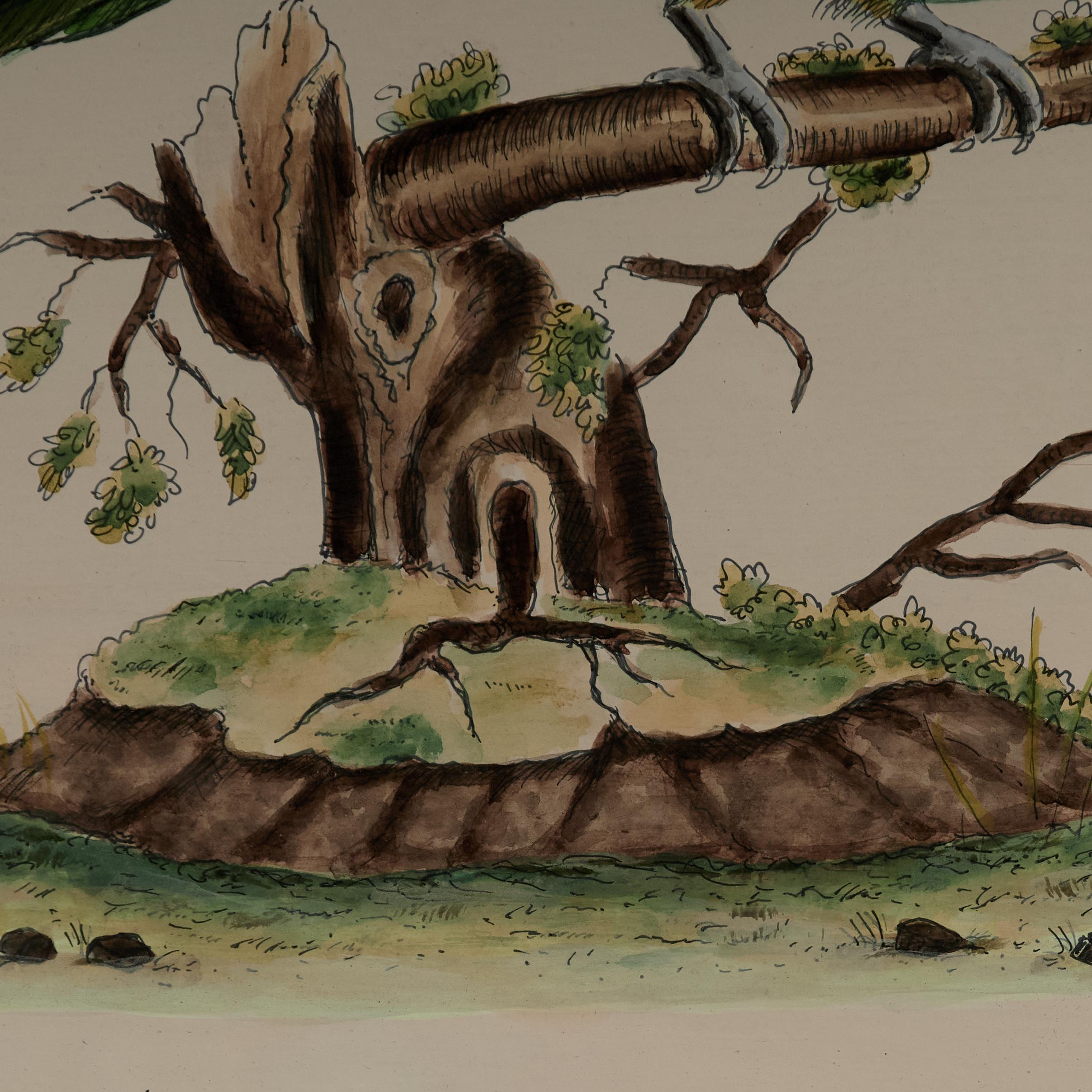 Paire de peintures vintage à l'encre et à l'aquarelle représentant des perroquets en vente 3