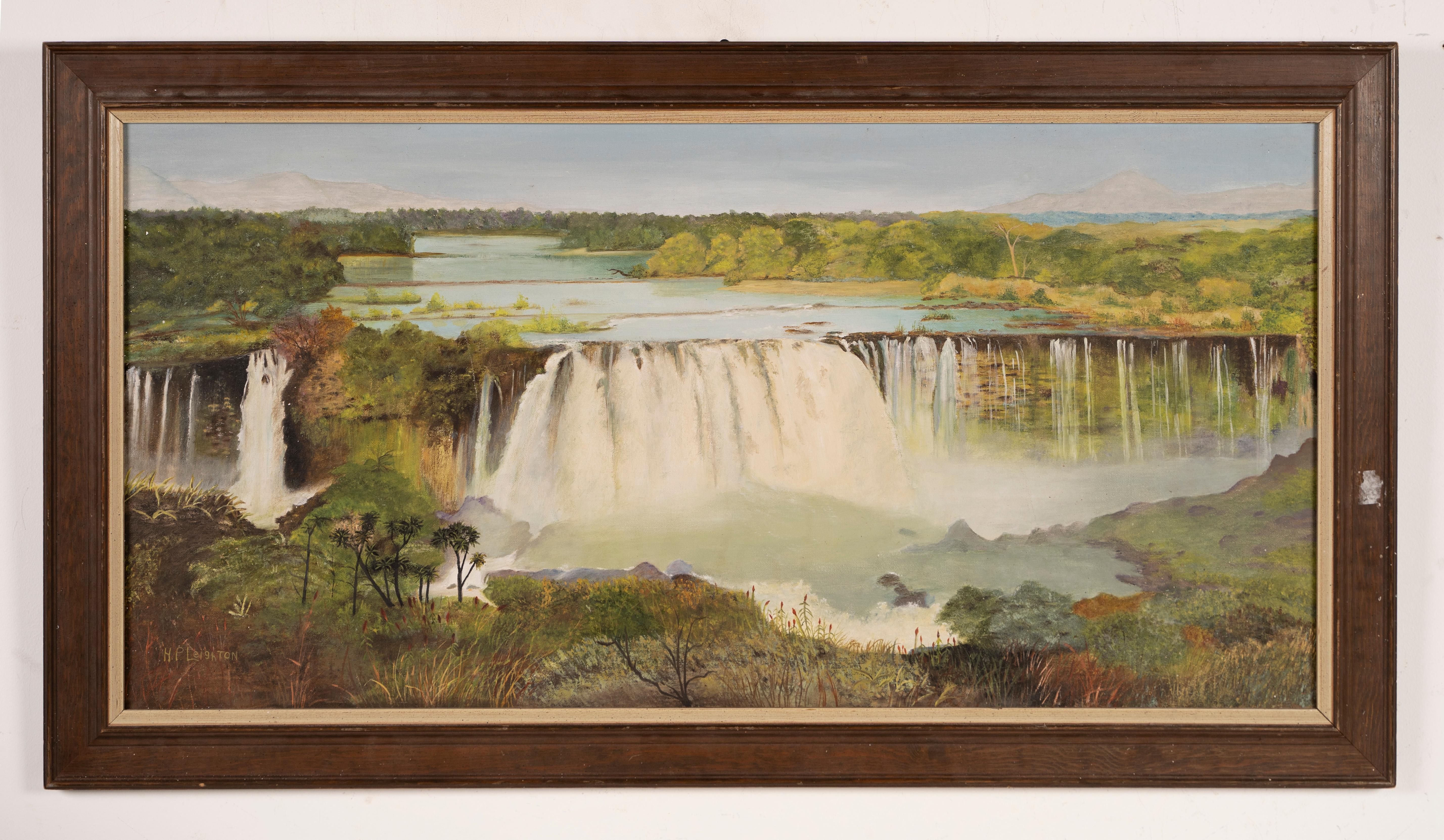 Vintage Panoramic Impressionist Summer Waterfall Victoria Falls Africa Painting - Brown Abstract Painting by Unknown